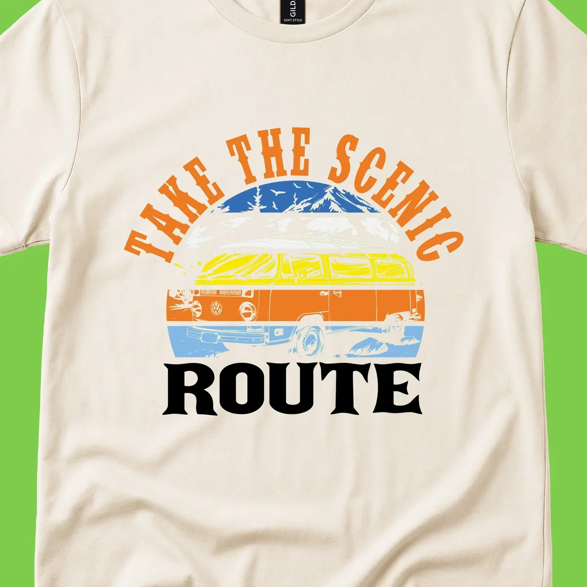 Stacked illustration showing mountain peak, kayak, VW camper bus, and vintage car with 'Hike The Seven Route' text for adventure travel apparel.