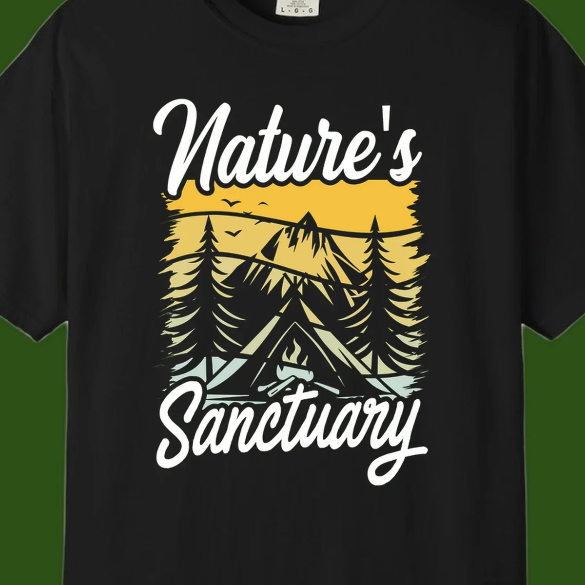 Nature sanctuary camping design with layered mountains, evergreen trees, campfire and tent under golden sky with white script text