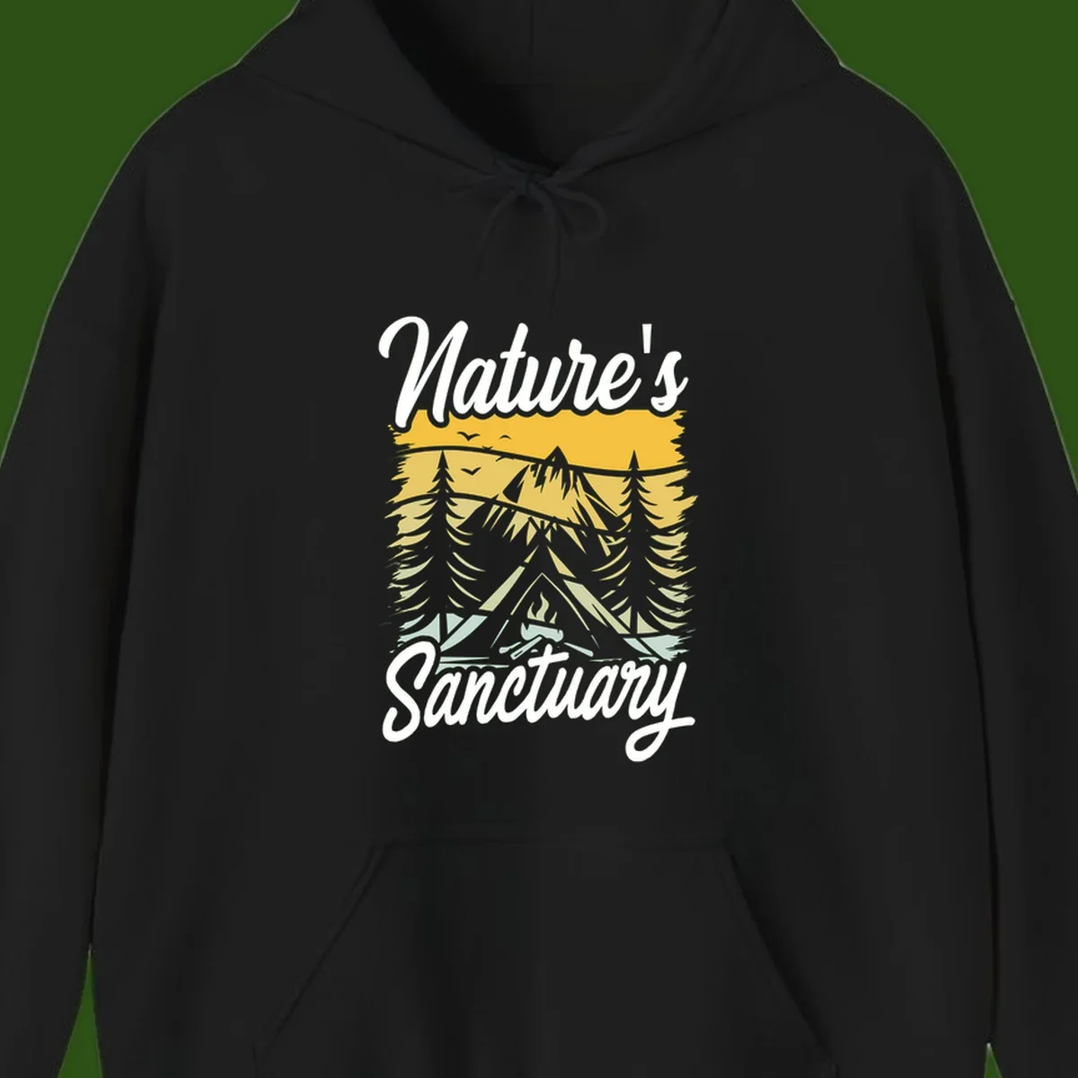Nature sanctuary camping design with layered mountains, evergreen trees, campfire and tent under golden sky with white script text