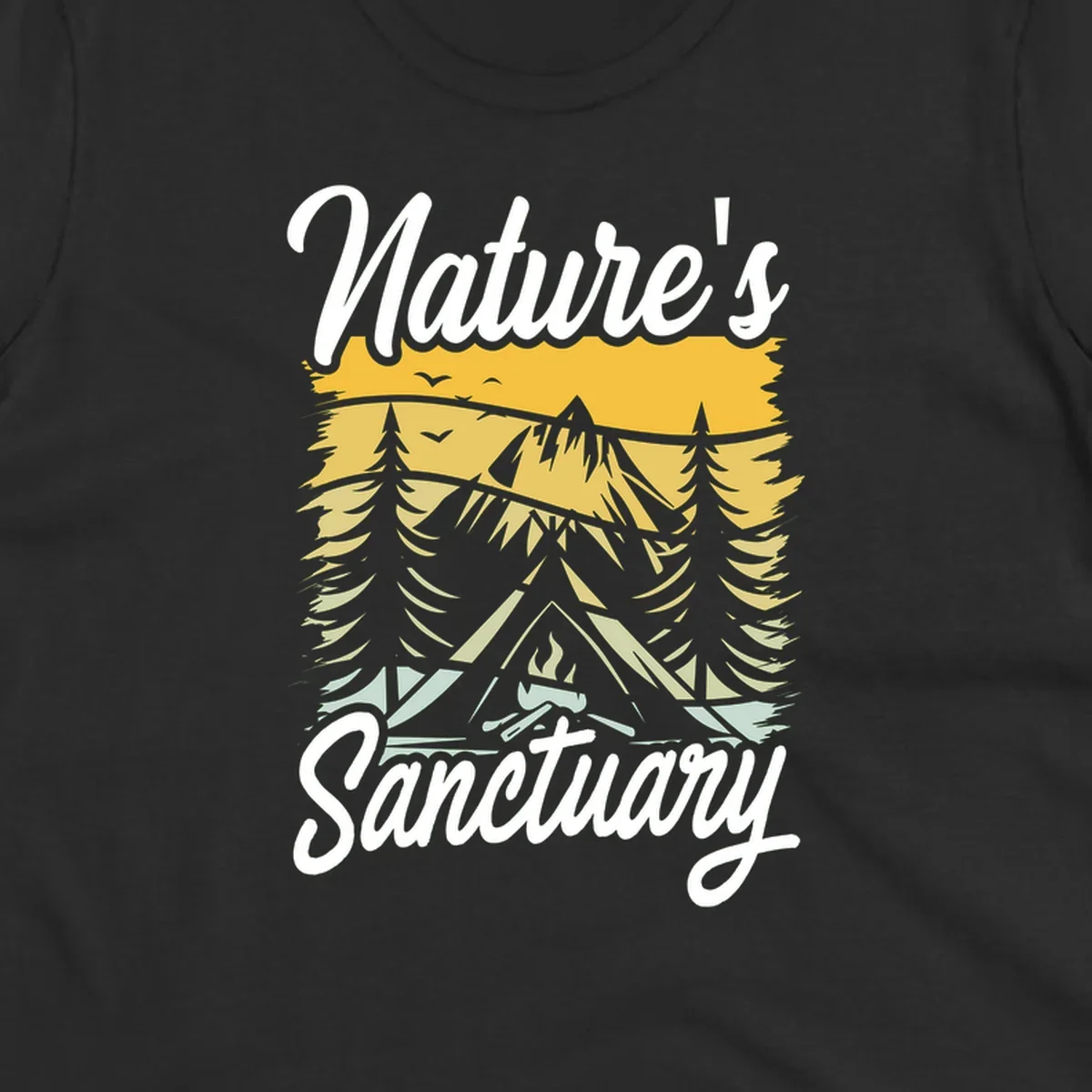 Nature sanctuary camping design with layered mountains, evergreen trees, campfire and tent under golden sky with white script text