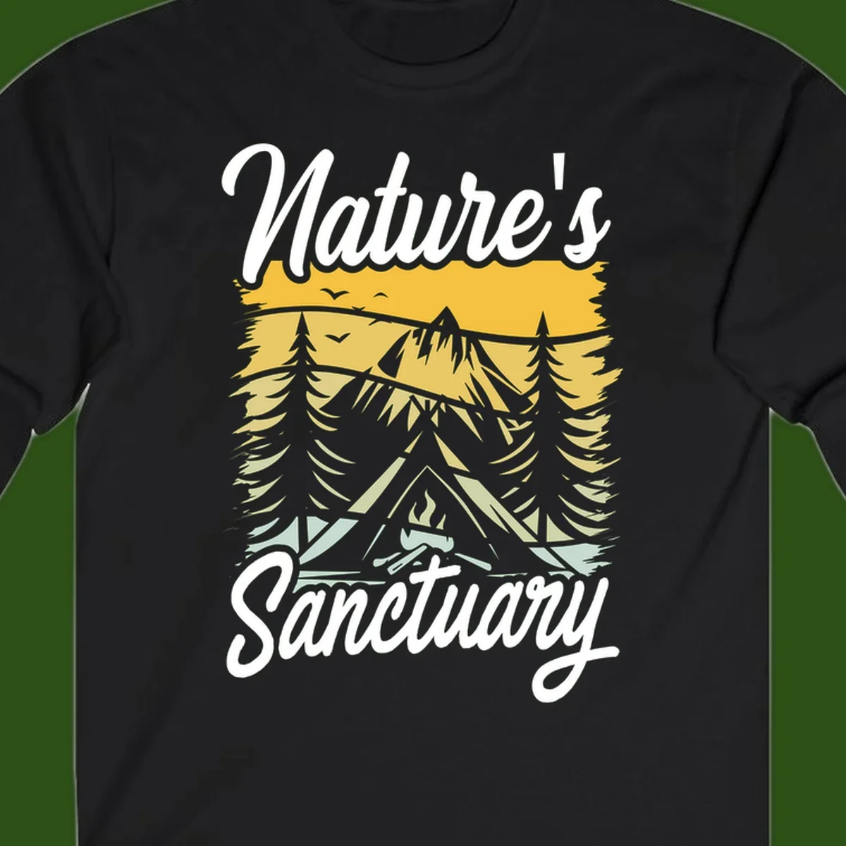 Nature sanctuary camping design with layered mountains, evergreen trees, campfire and tent under golden sky with white script text