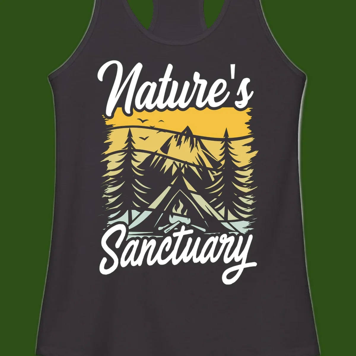 Nature sanctuary camping design with layered mountains, evergreen trees, campfire and tent under golden sky with white script text