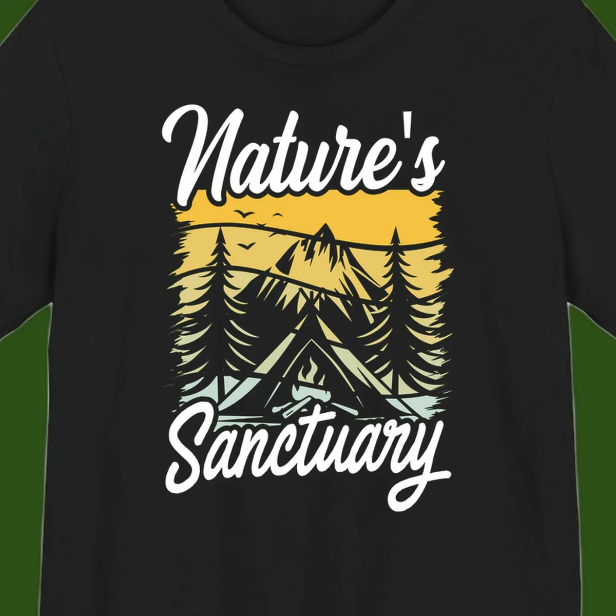 Nature sanctuary camping design with layered mountains, evergreen trees, campfire and tent under golden sky with white script text