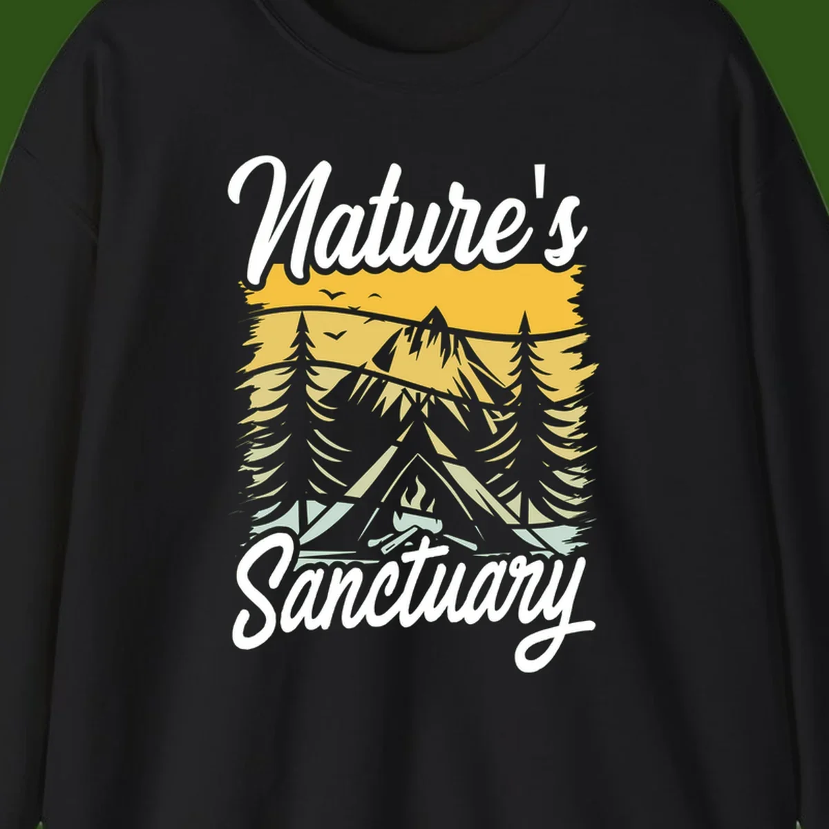 Nature sanctuary camping design with layered mountains, evergreen trees, campfire and tent under golden sky with white script text