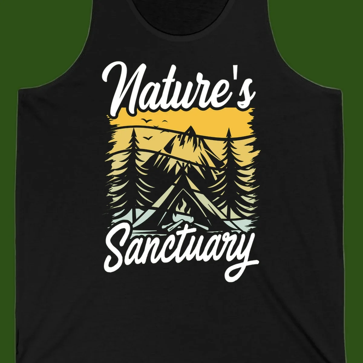 Nature sanctuary camping design with layered mountains, evergreen trees, campfire and tent under golden sky with white script text