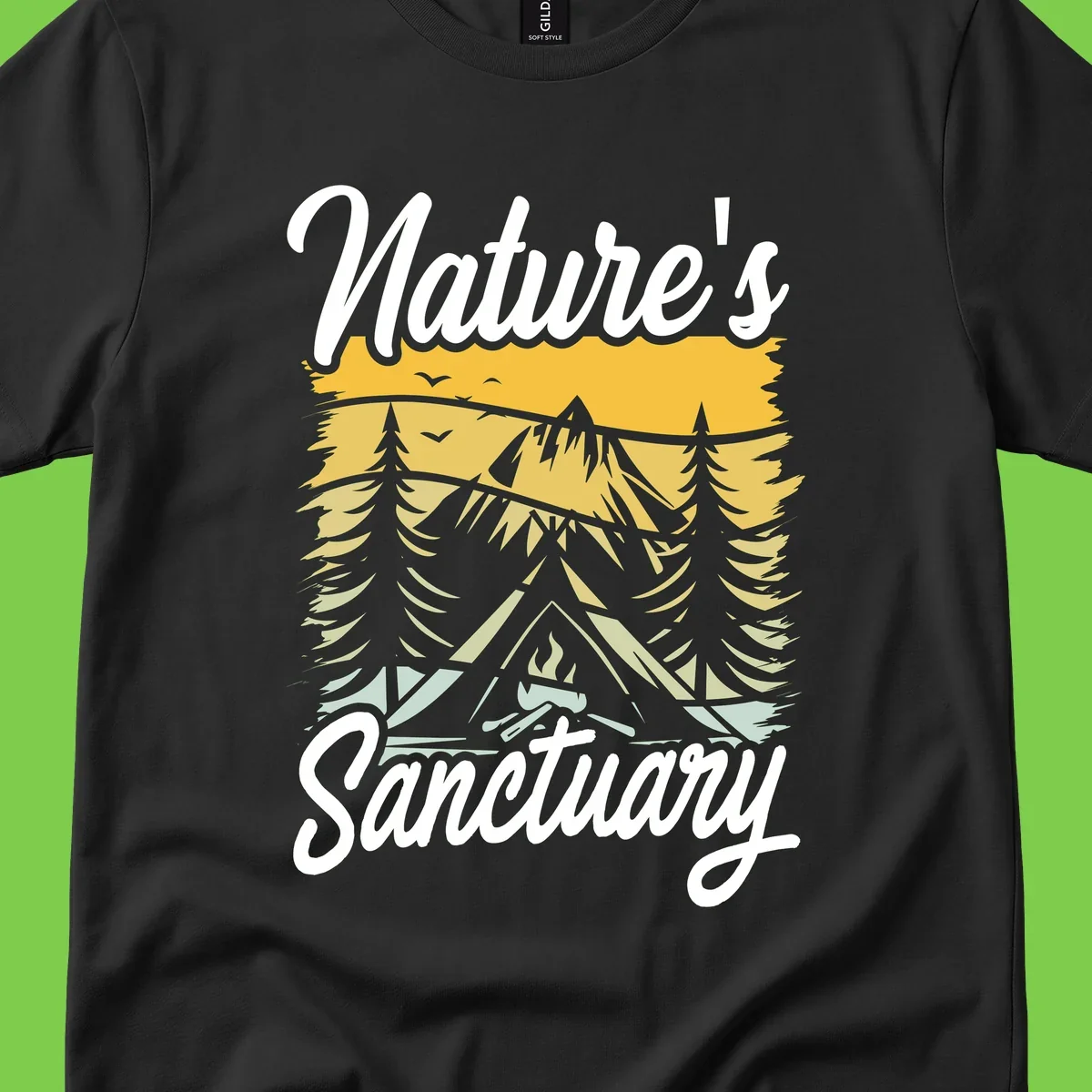 Nature sanctuary camping design with layered mountains, evergreen trees, campfire and tent under golden sky with white script text