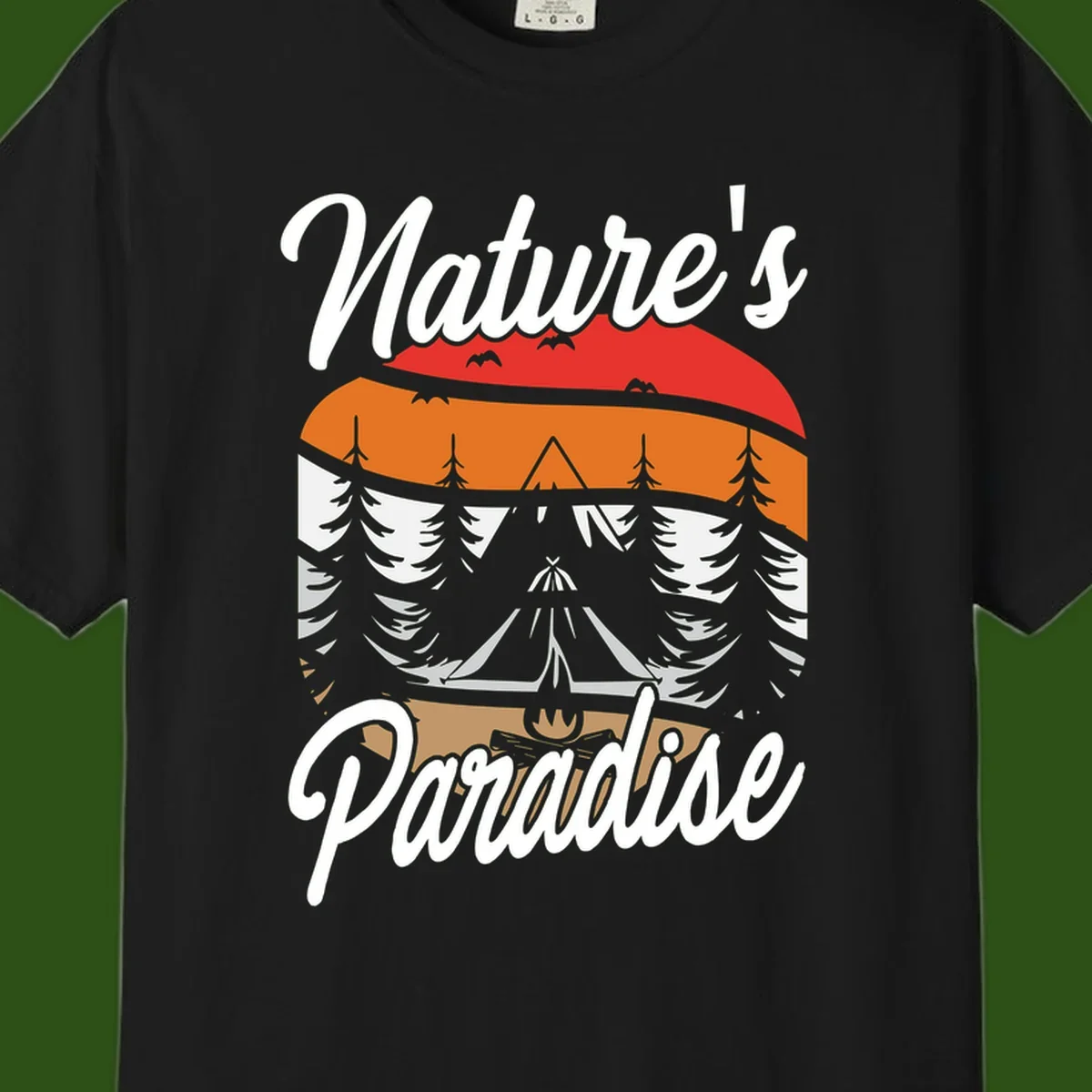 Layered landscape design with red mountains, orange forest, snow-covered evergreens, camping tent, and campfire with 'Nature's Paradise' text