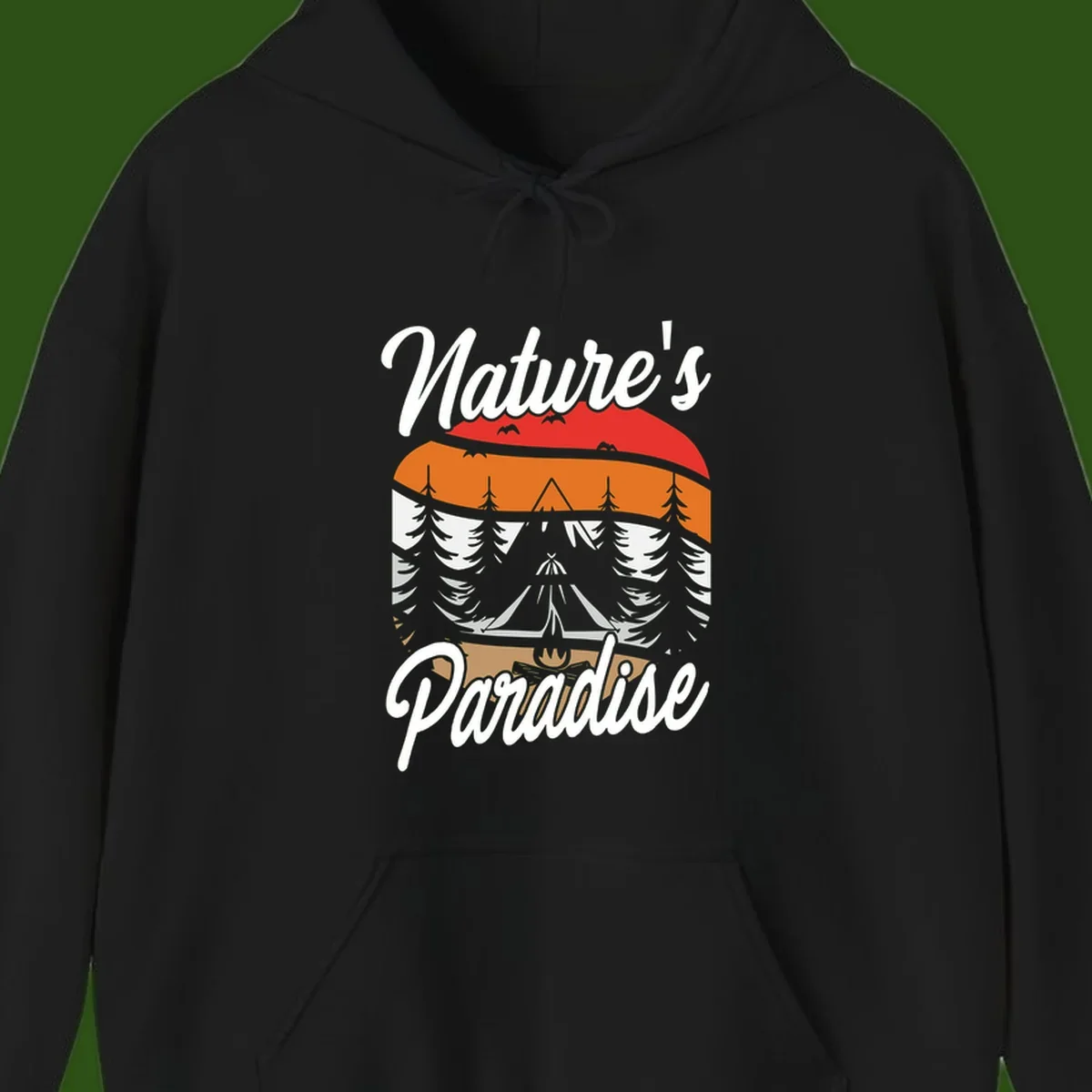 Layered landscape design with red mountains, orange forest, snow-covered evergreens, camping tent, and campfire with 'Nature's Paradise' text
