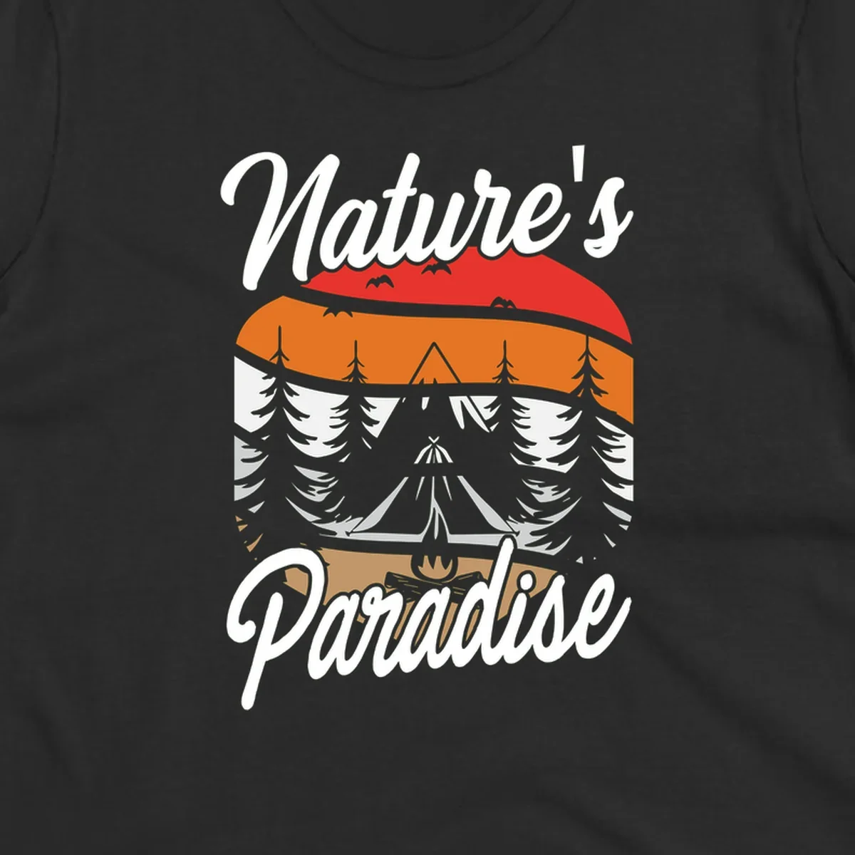 Layered landscape design with red mountains, orange forest, snow-covered evergreens, camping tent, and campfire with 'Nature's Paradise' text