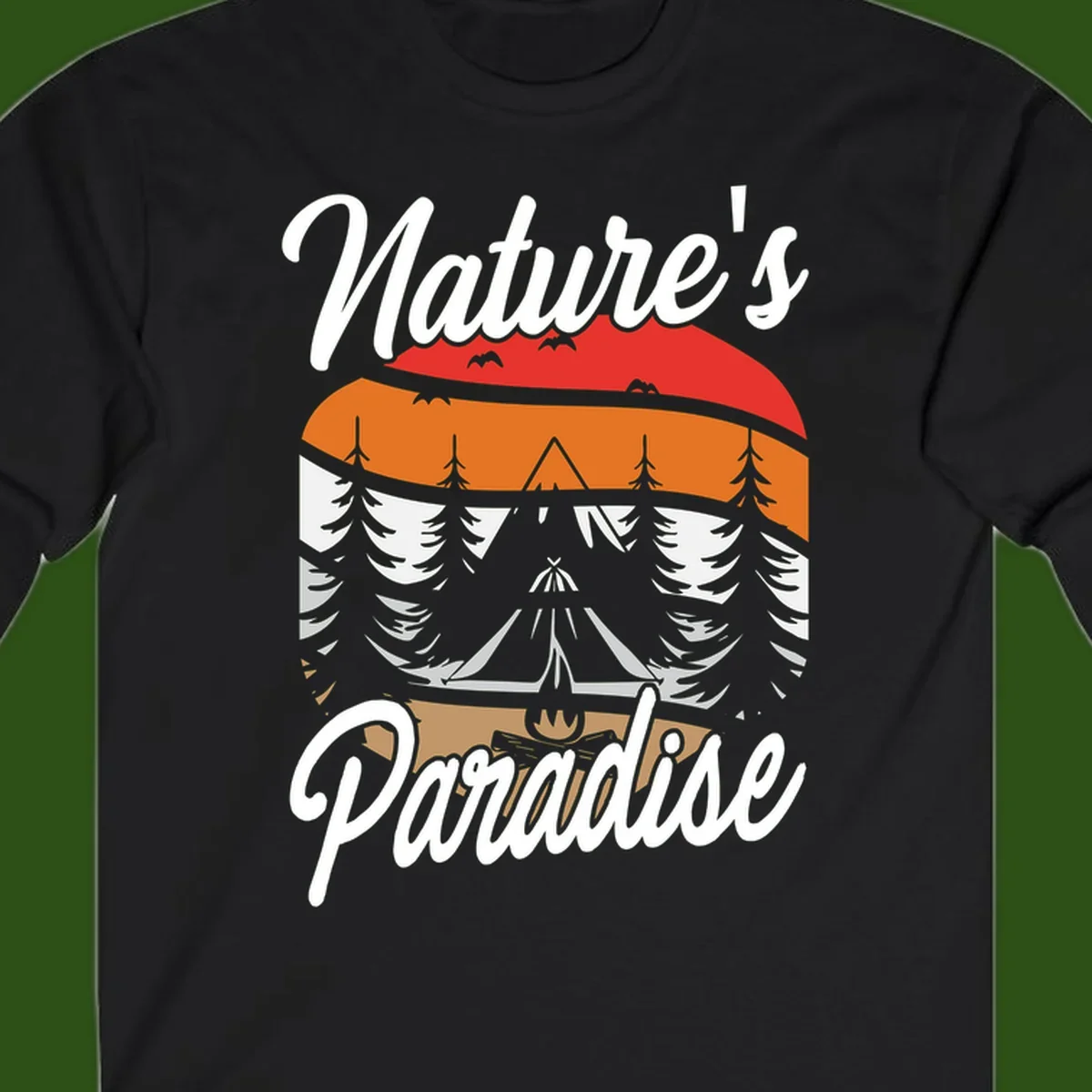 Layered landscape design with red mountains, orange forest, snow-covered evergreens, camping tent, and campfire with 'Nature's Paradise' text