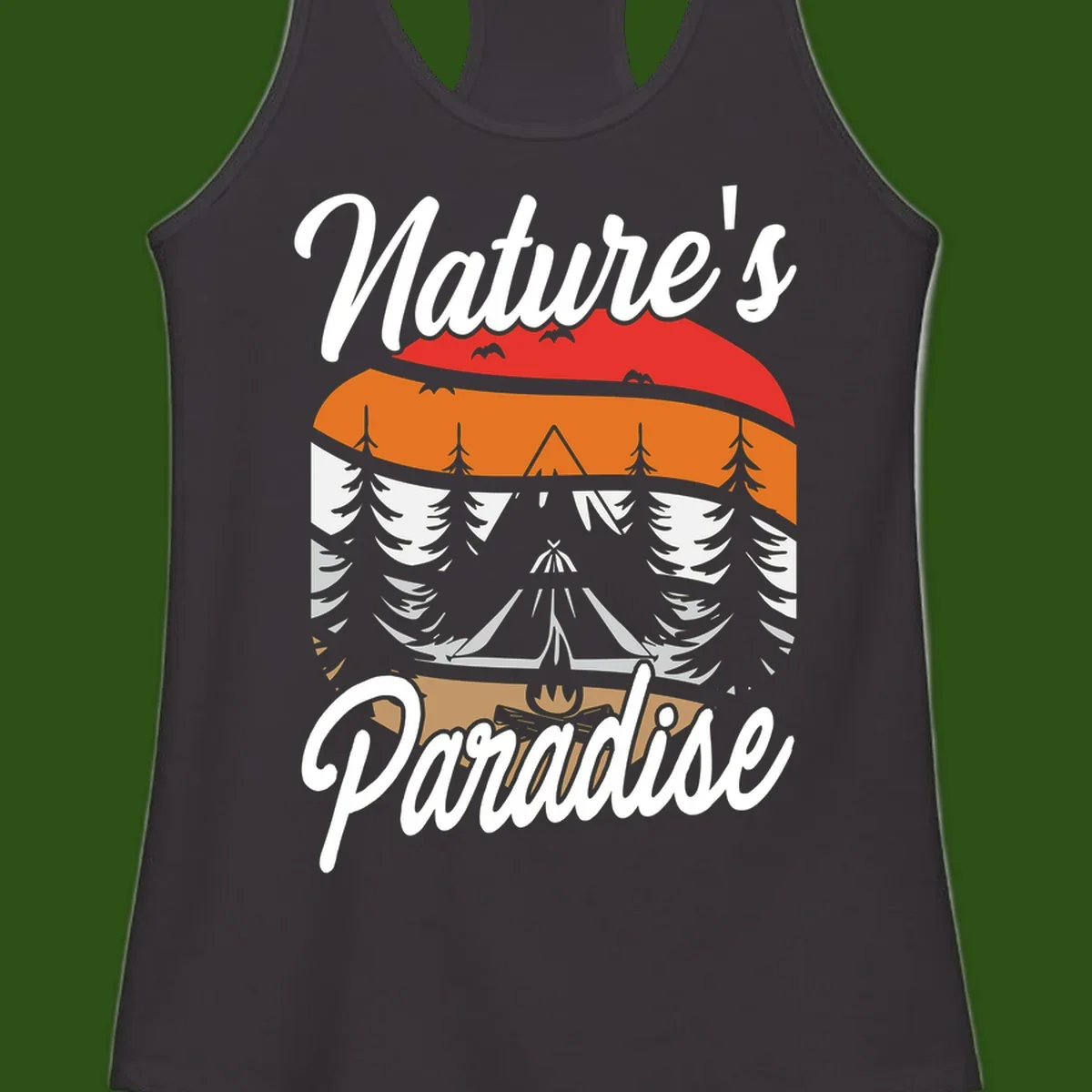 Layered landscape design with red mountains, orange forest, snow-covered evergreens, camping tent, and campfire with 'Nature's Paradise' text