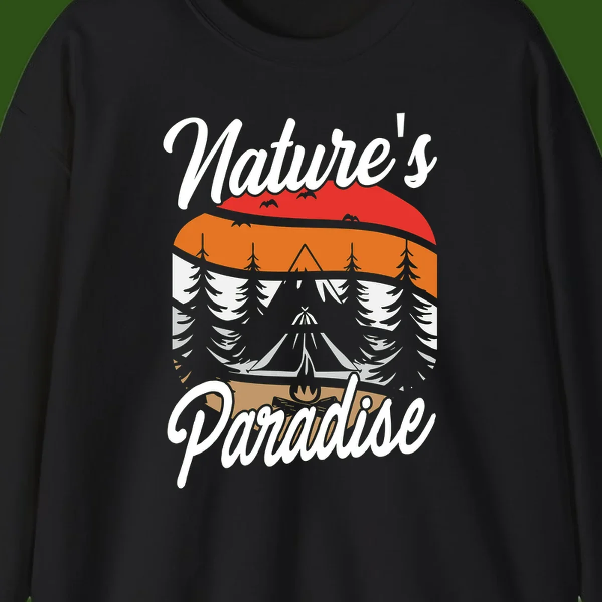 Layered landscape design with red mountains, orange forest, snow-covered evergreens, camping tent, and campfire with 'Nature's Paradise' text