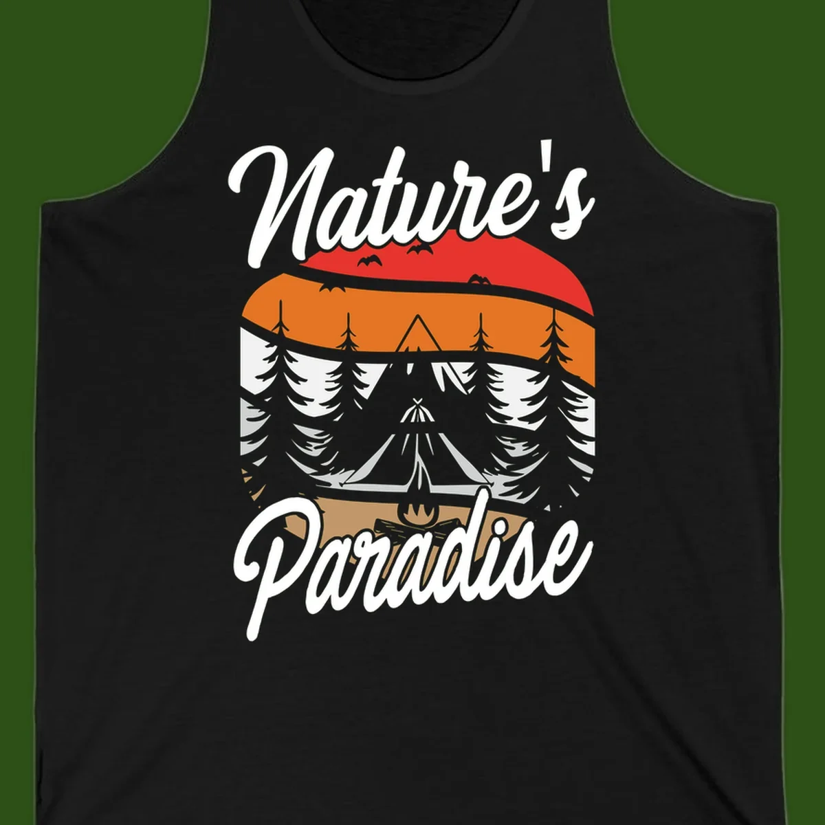 Layered landscape design with red mountains, orange forest, snow-covered evergreens, camping tent, and campfire with 'Nature's Paradise' text