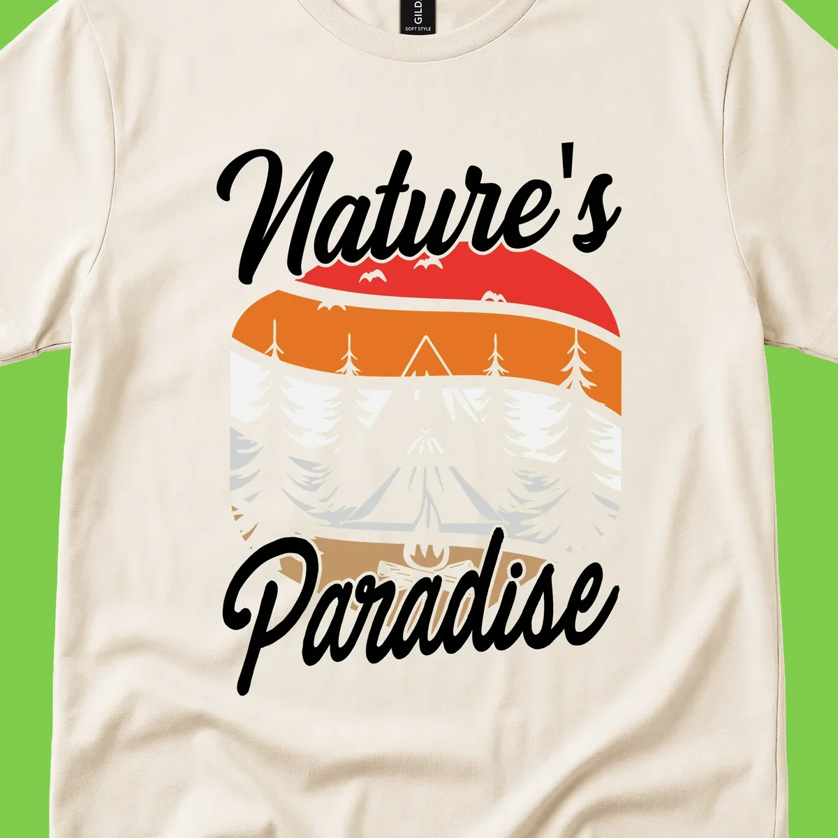 Layered landscape design with red mountains, orange forest, snow-covered evergreens, camping tent, and campfire with 'Nature's Paradise' text