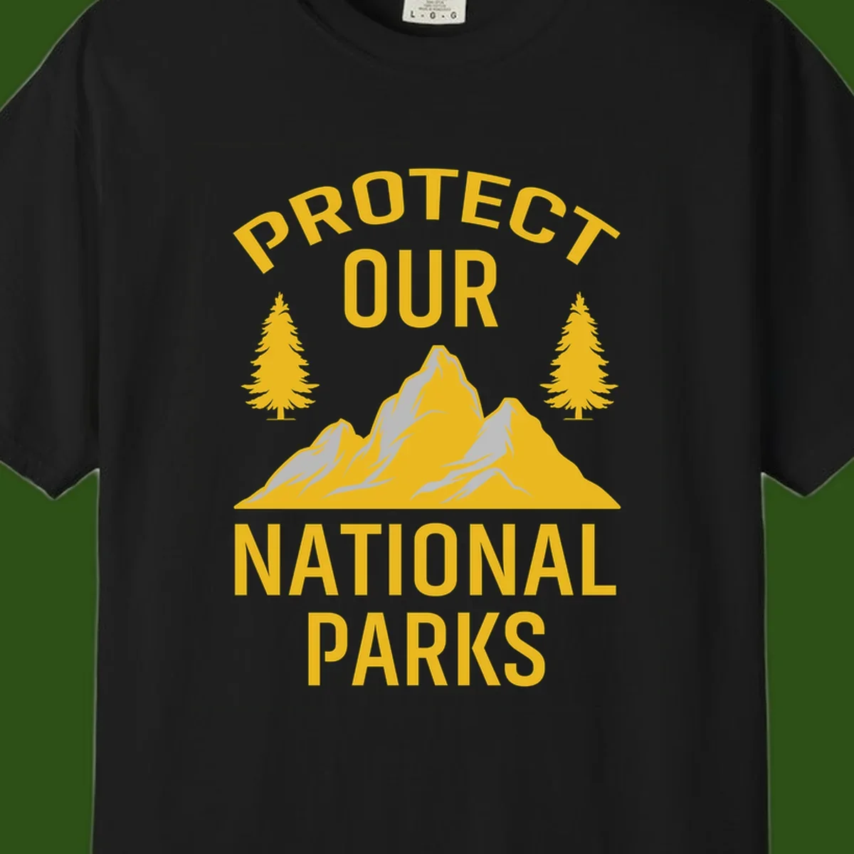 Protect our national parks design with golden mountains, evergreen trees, and bold text on gray background