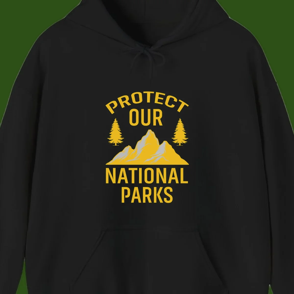Protect our national parks design with golden mountains, evergreen trees, and bold text on gray background