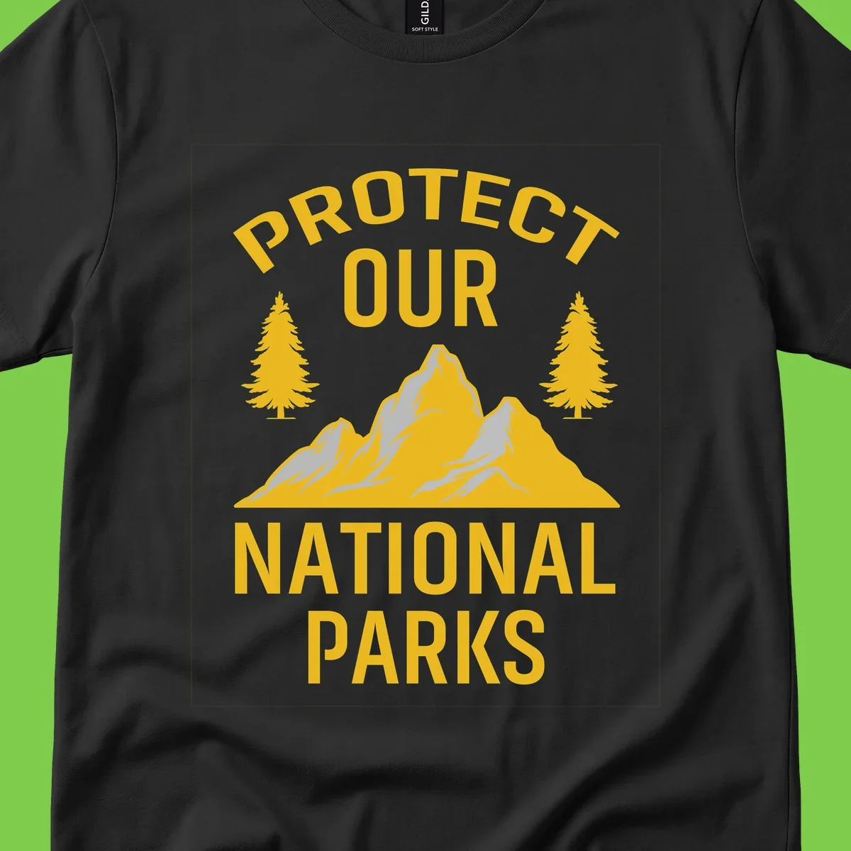 Protect our national parks design with golden mountains, evergreen trees, and bold text on gray background