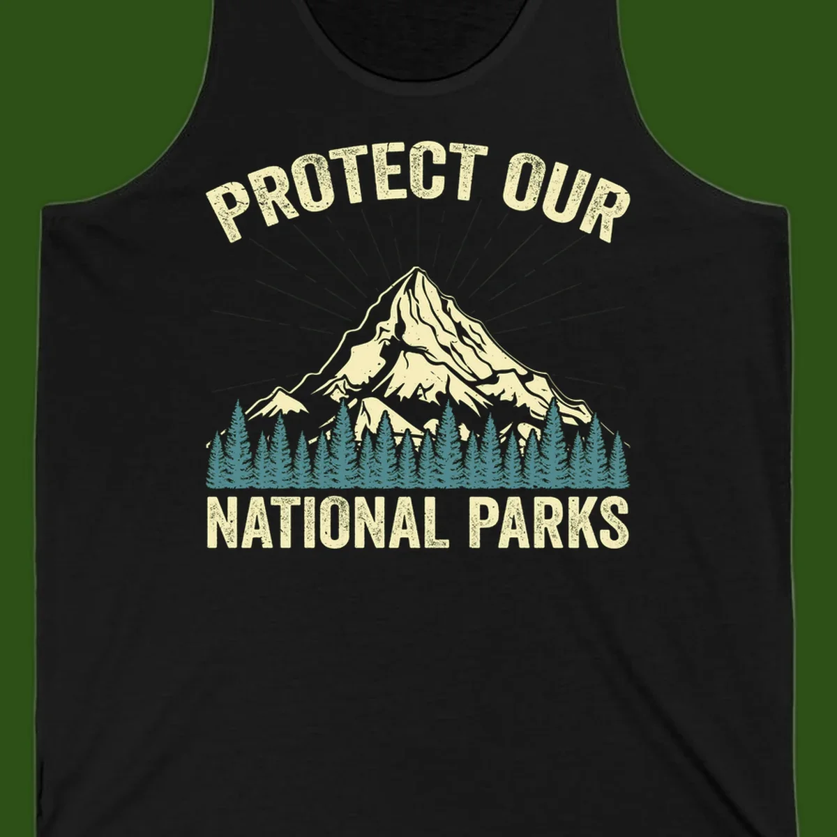Vintage-style mountain illustration with 'Protect Our National Parks' text, featuring snow peak, forest silhouette, and sun rays