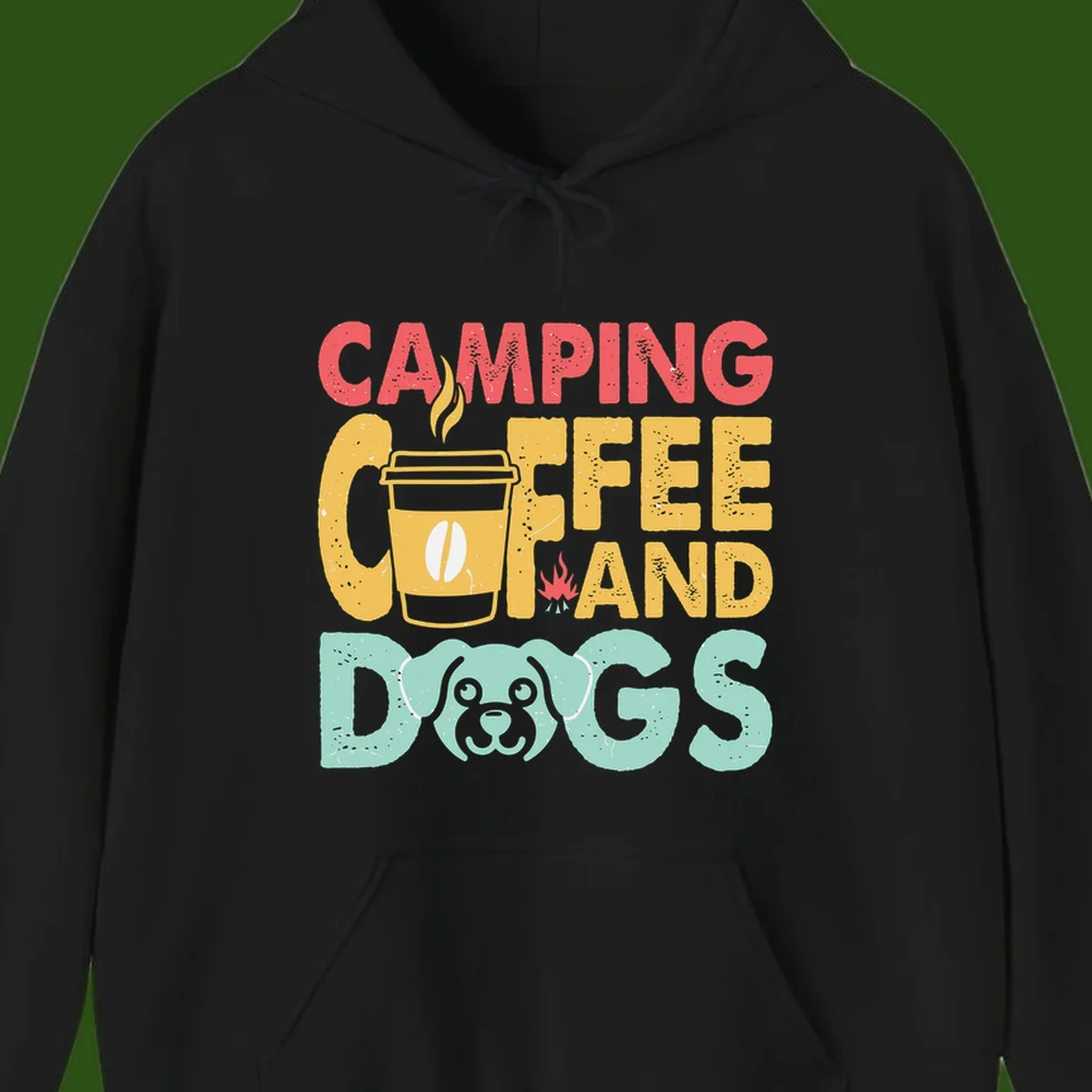 Distressed design with 'CAMPING COFFEE AND DOGS' text, yellow coffee cup with steam, red campfire, and mint green dog face illustration.