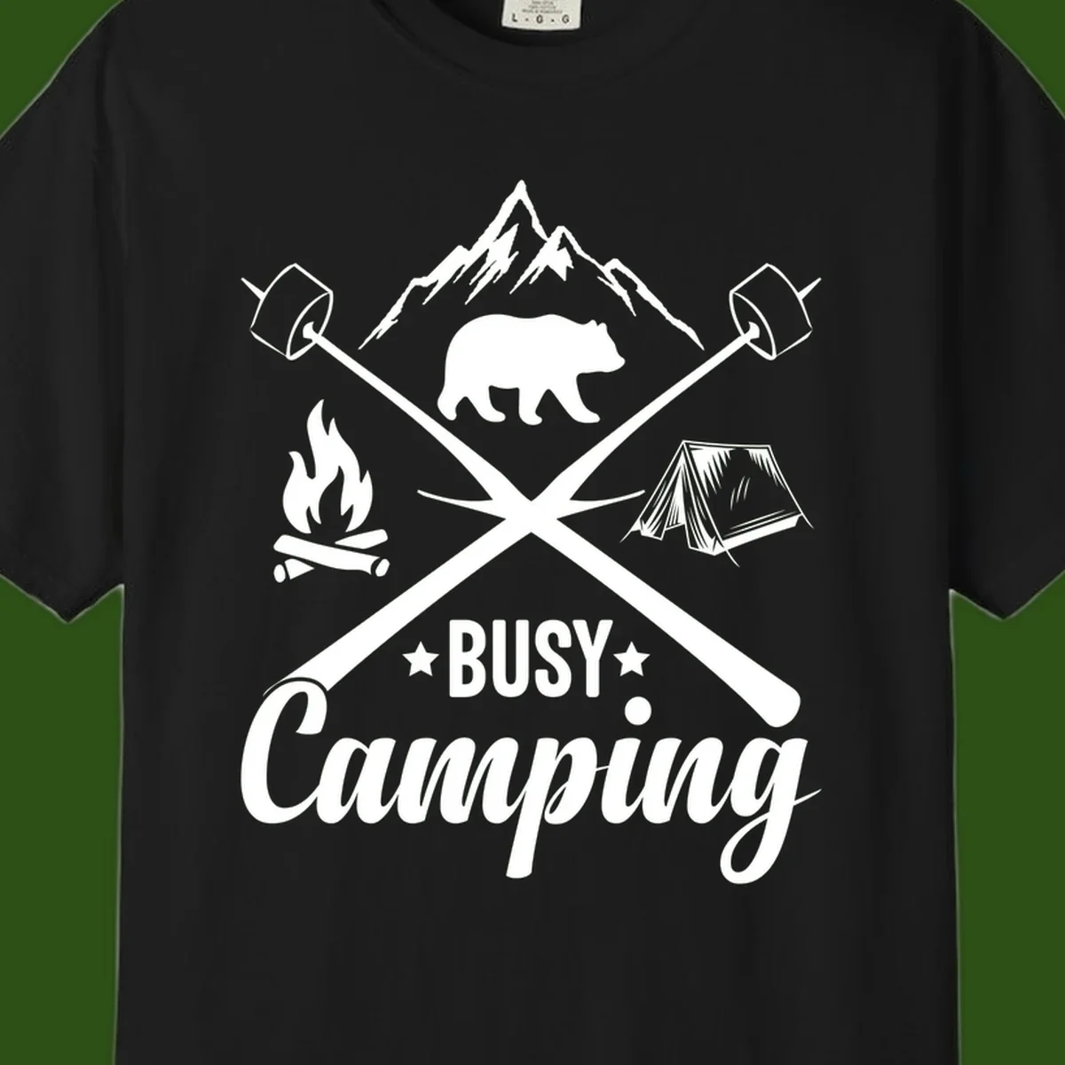 Busy camping badge design with bear, mountains, crossed axes, campfire, and tent on gray background
