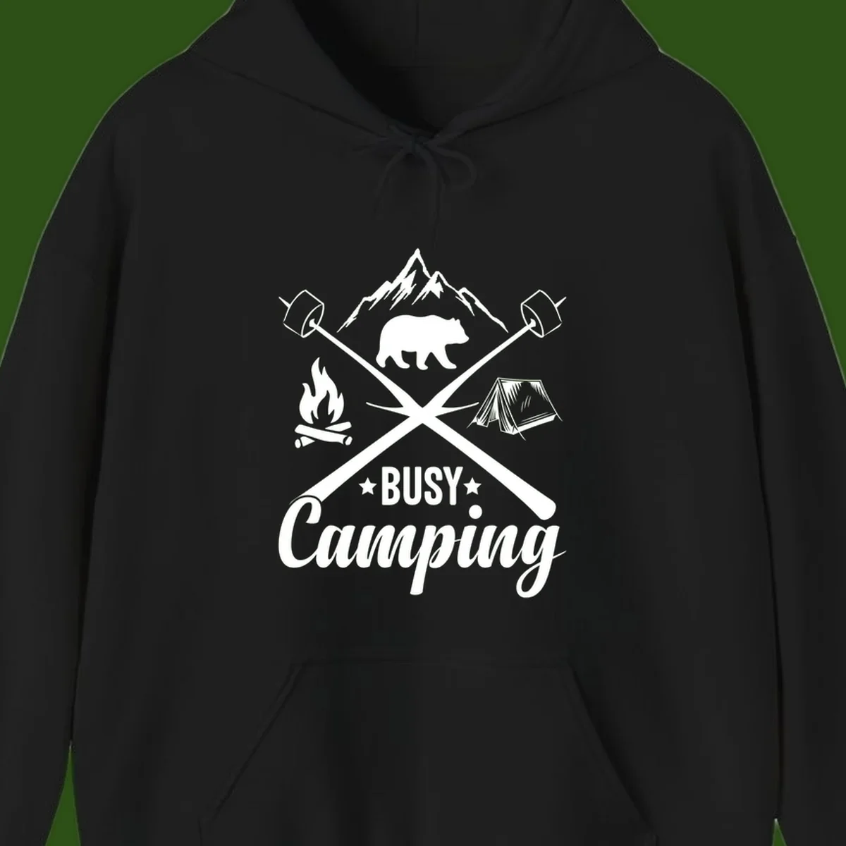 Busy camping badge design with bear, mountains, crossed axes, campfire, and tent on gray background
