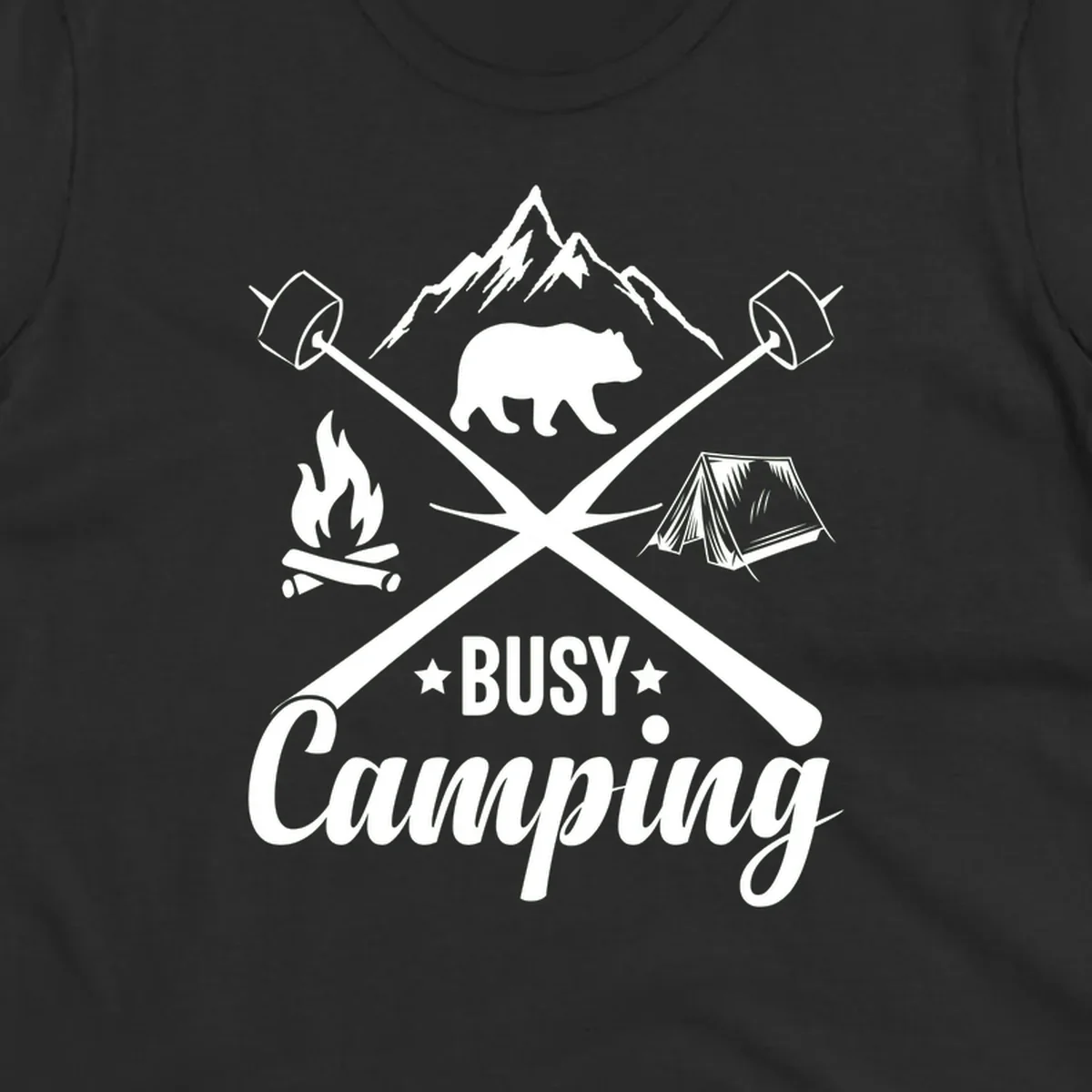 Busy camping badge design with bear, mountains, crossed axes, campfire, and tent on gray background