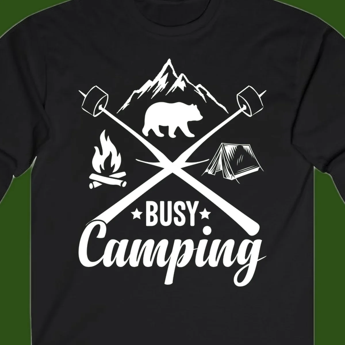 Busy camping badge design with bear, mountains, crossed axes, campfire, and tent on gray background