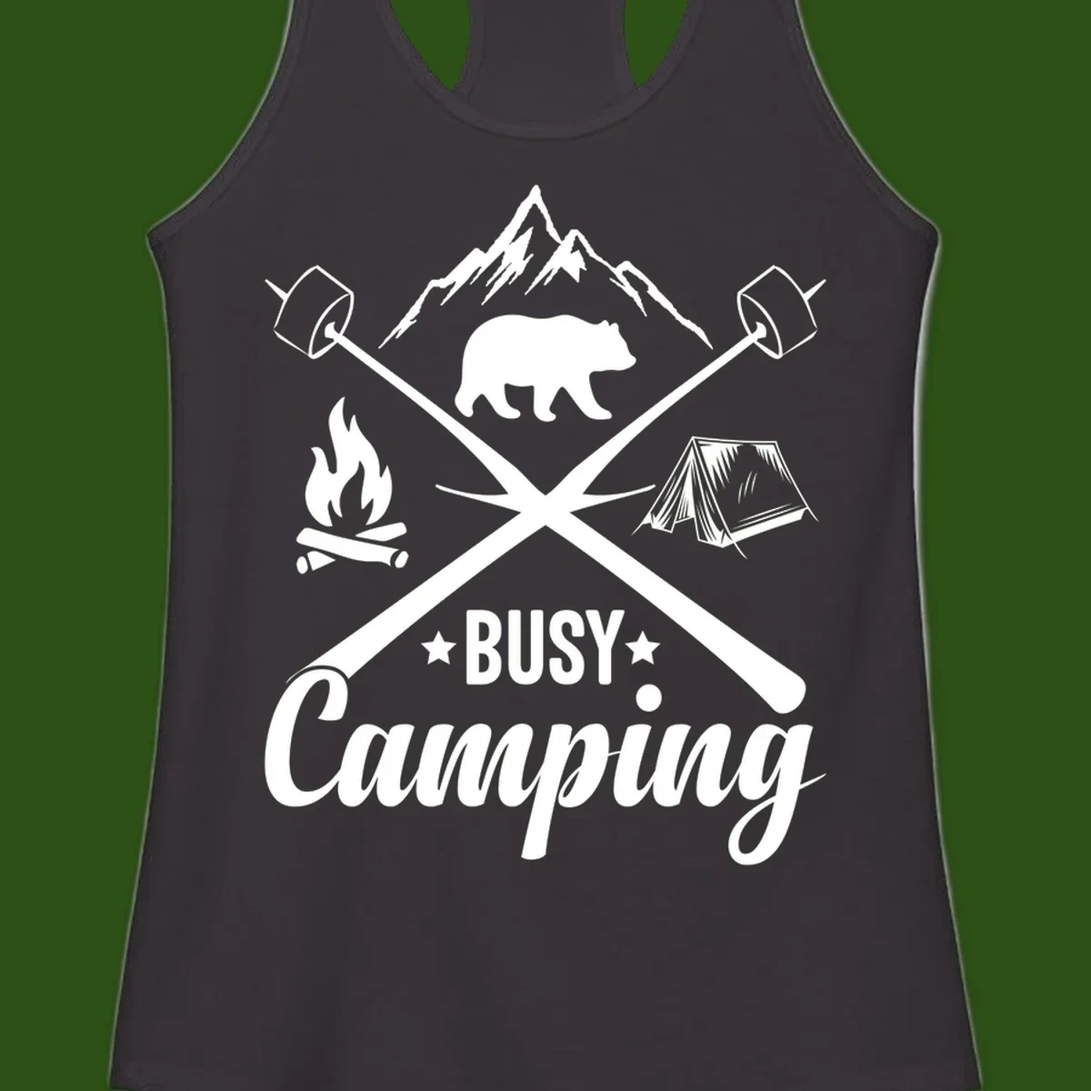 Busy camping badge design with bear, mountains, crossed axes, campfire, and tent on gray background
