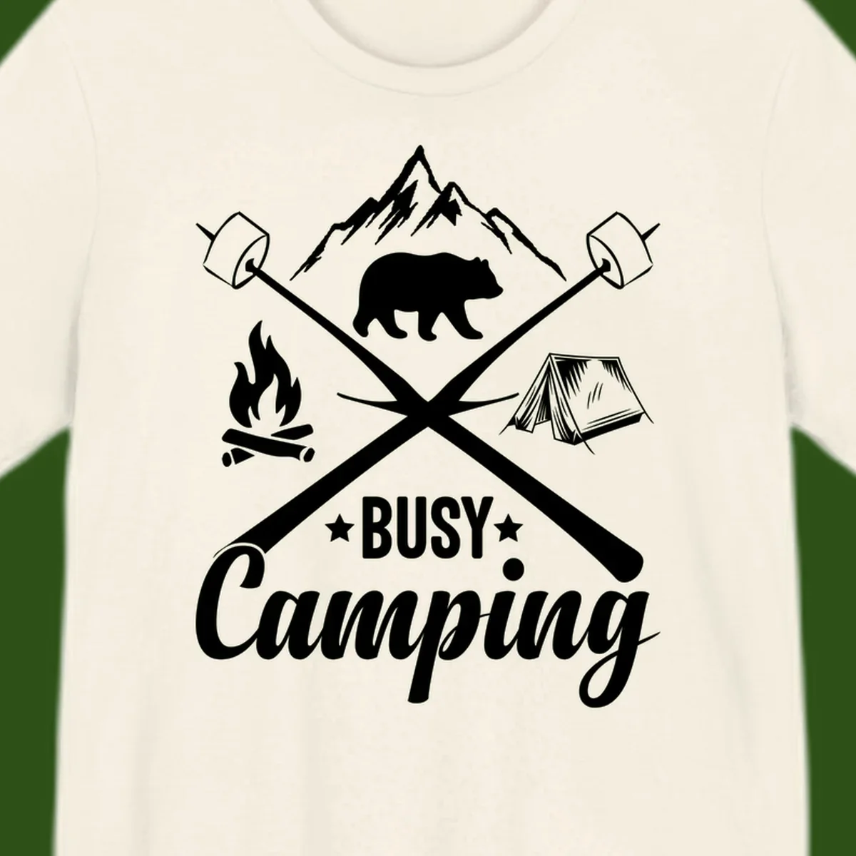 Busy camping badge design with bear, mountains, crossed axes, campfire, and tent on gray background