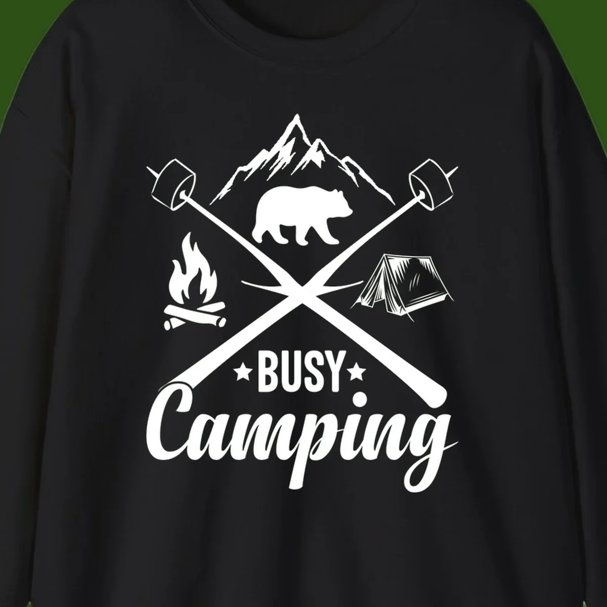 Busy camping badge design with bear, mountains, crossed axes, campfire, and tent on gray background