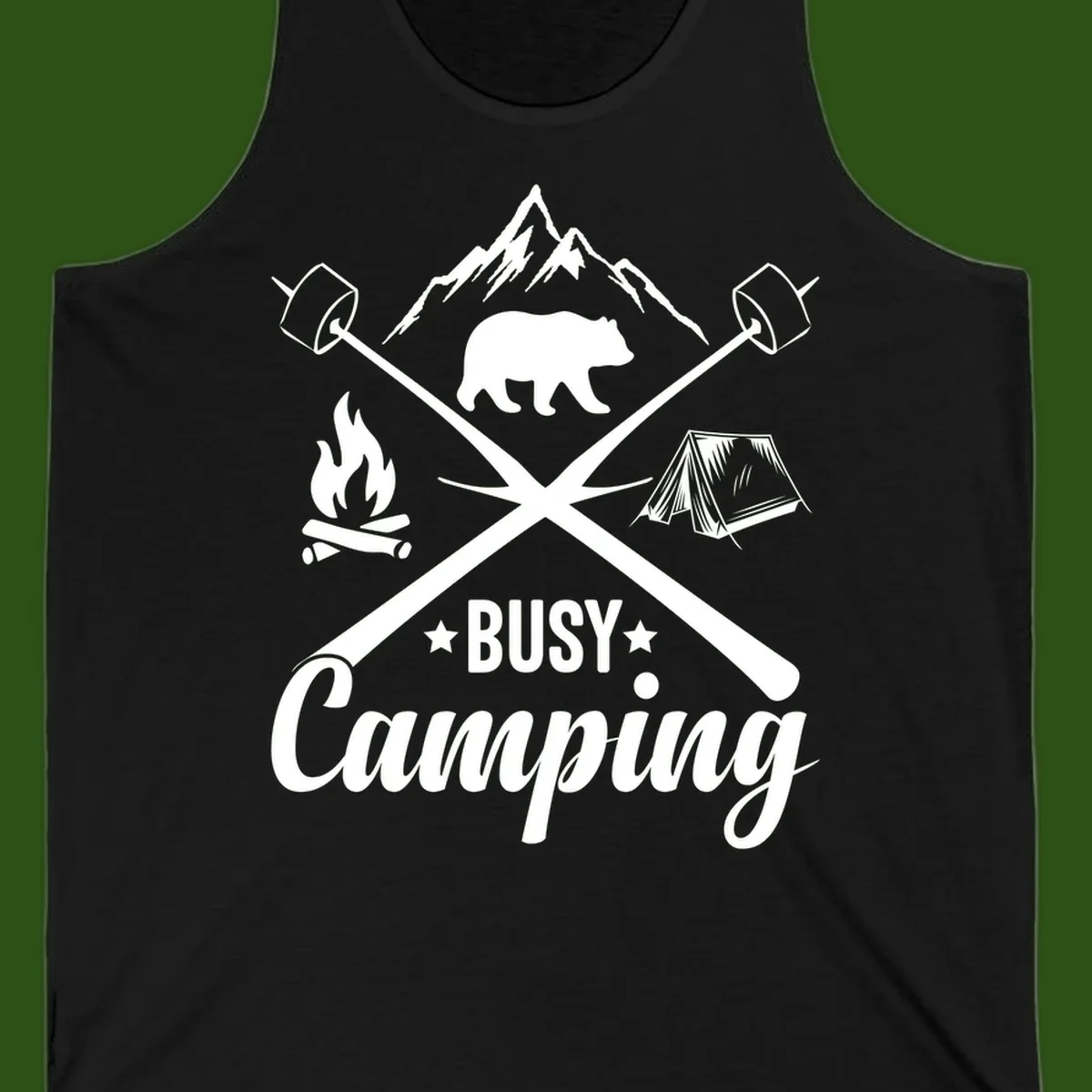 Busy camping badge design with bear, mountains, crossed axes, campfire, and tent on gray background