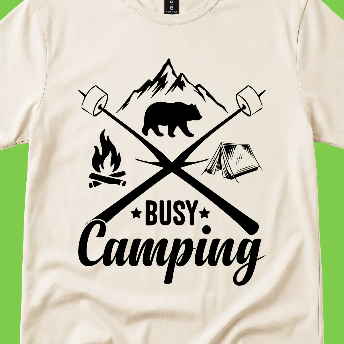 Busy camping badge design with bear, mountains, crossed axes, campfire, and tent on gray background