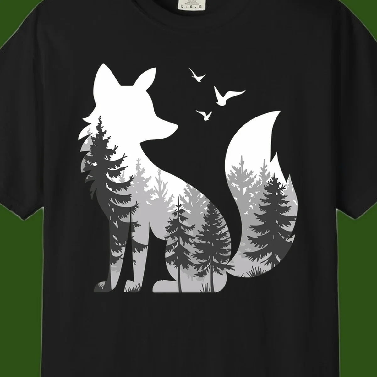 Forest fox double exposure illustration with evergreen trees and flying birds in black, gray, and white silhouettes