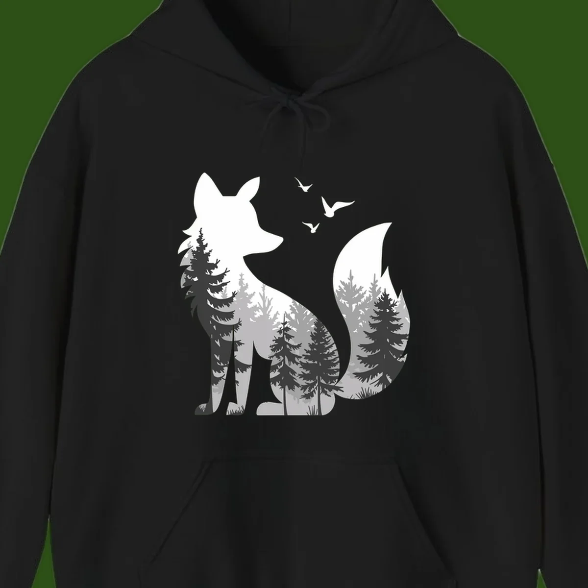 Forest fox double exposure illustration with evergreen trees and flying birds in black, gray, and white silhouettes
