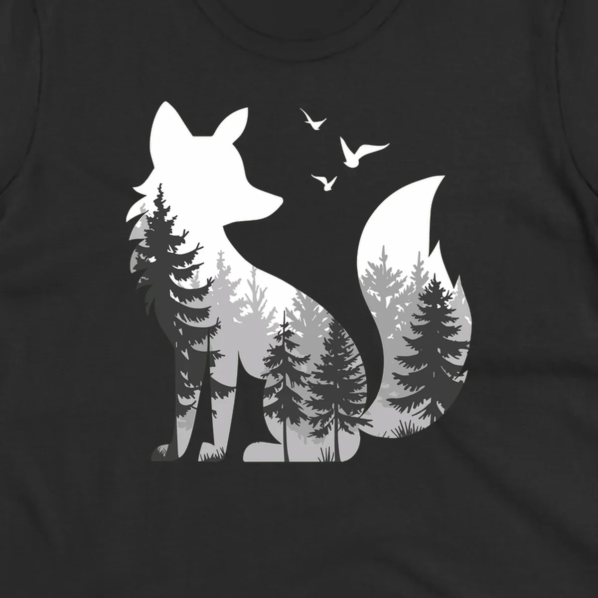 Forest fox double exposure illustration with evergreen trees and flying birds in black, gray, and white silhouettes