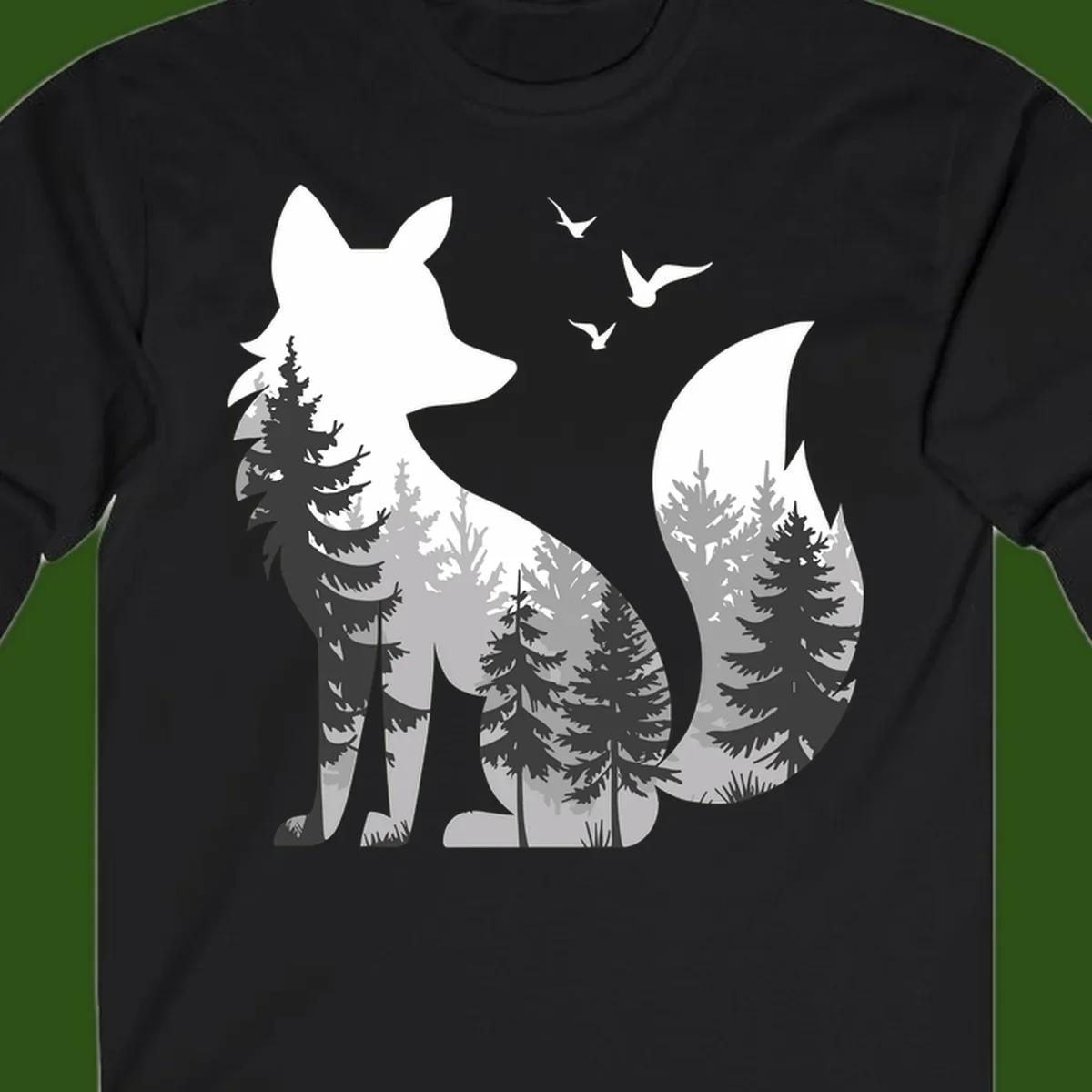 Forest fox double exposure illustration with evergreen trees and flying birds in black, gray, and white silhouettes