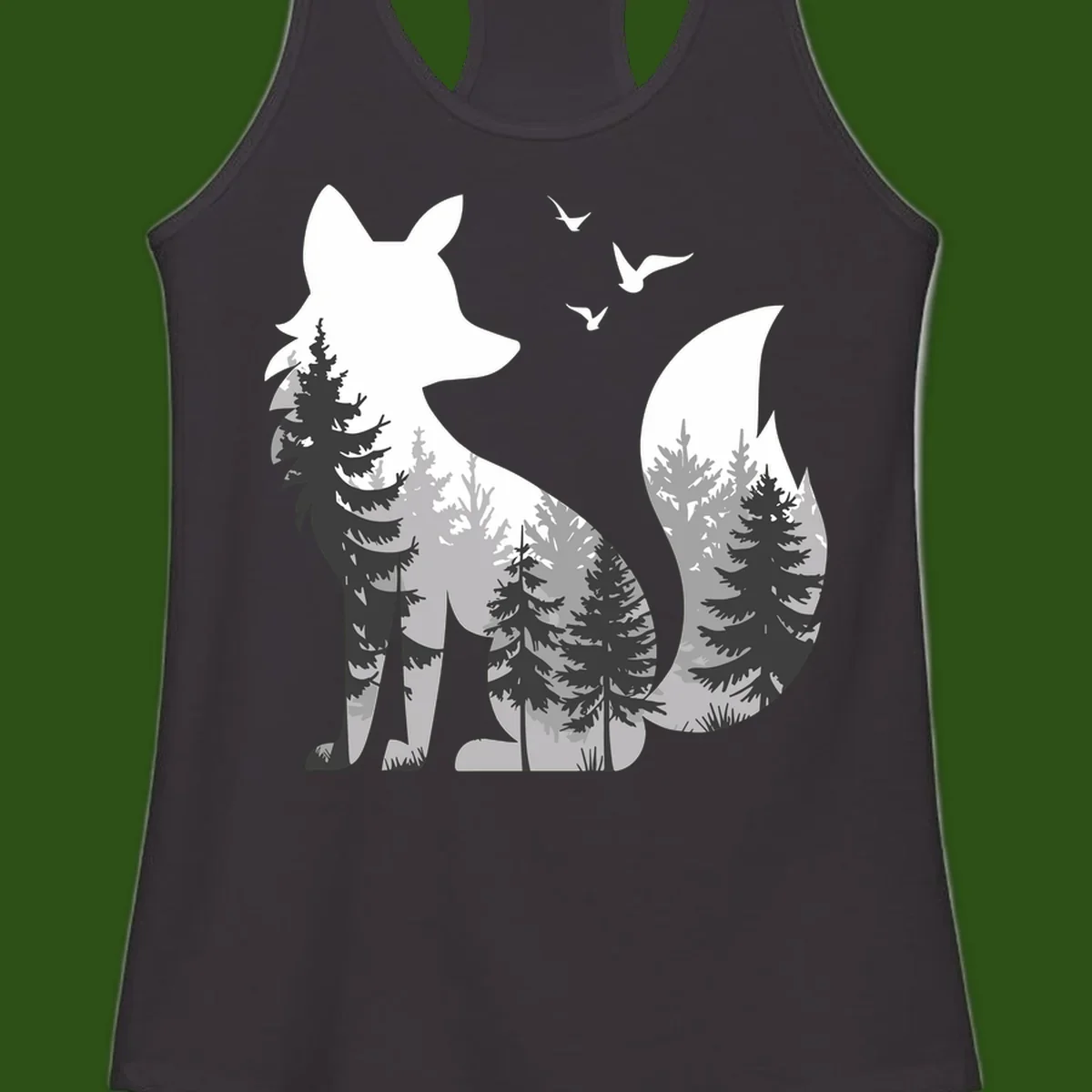 Forest fox double exposure illustration with evergreen trees and flying birds in black, gray, and white silhouettes