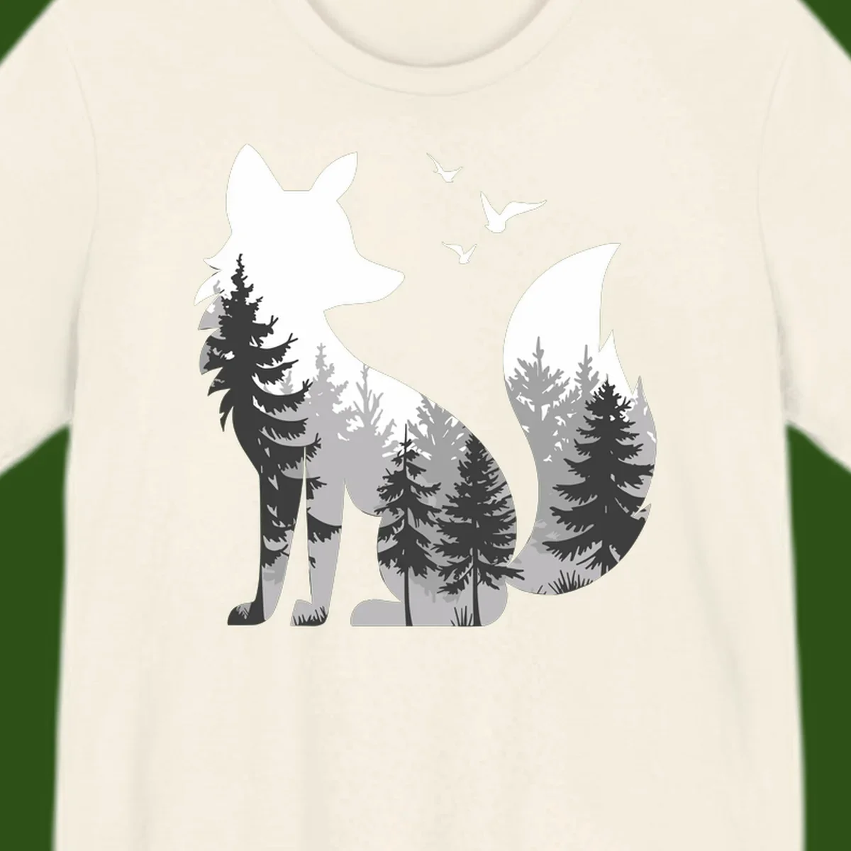 Forest fox double exposure illustration with evergreen trees and flying birds in black, gray, and white silhouettes