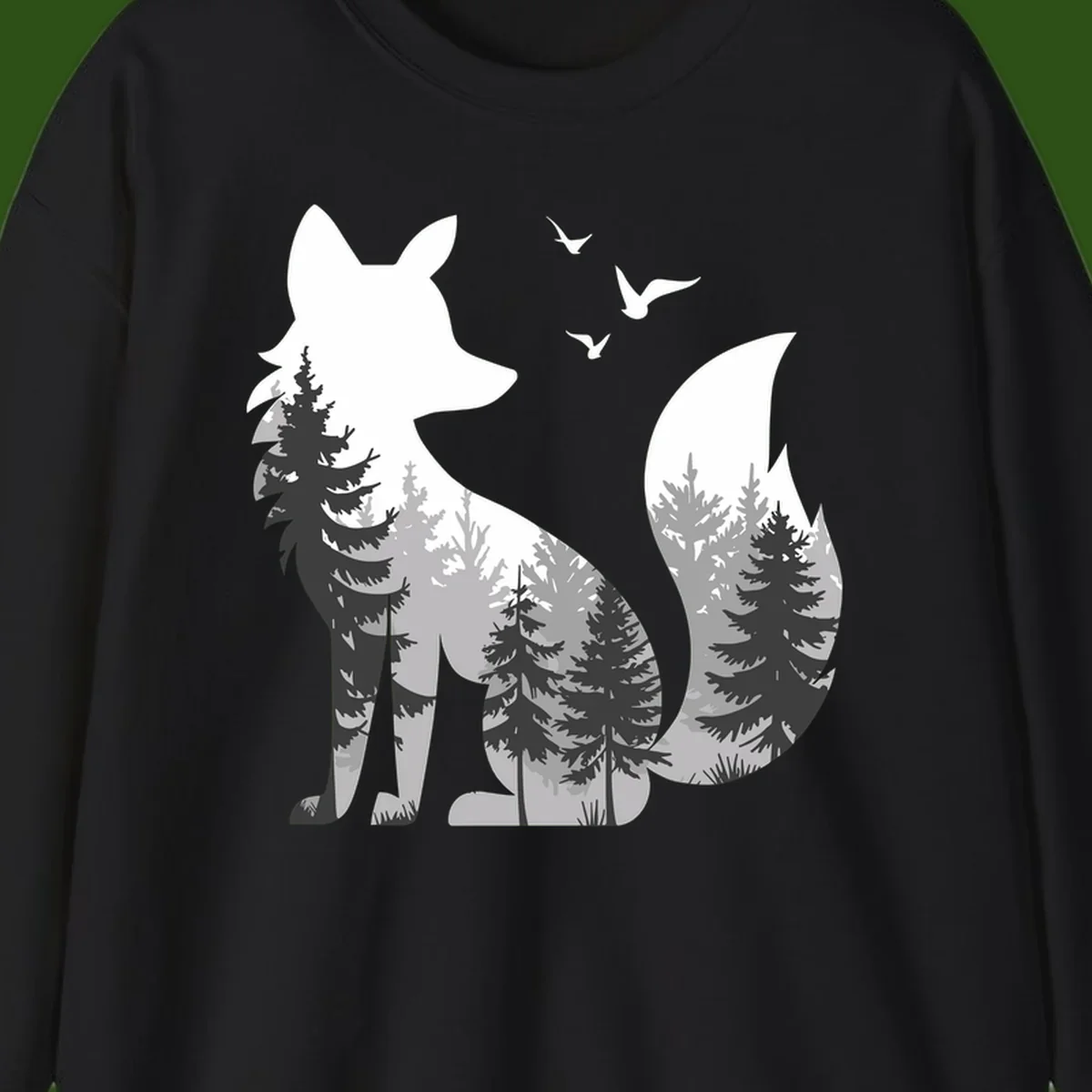 Forest fox double exposure illustration with evergreen trees and flying birds in black, gray, and white silhouettes