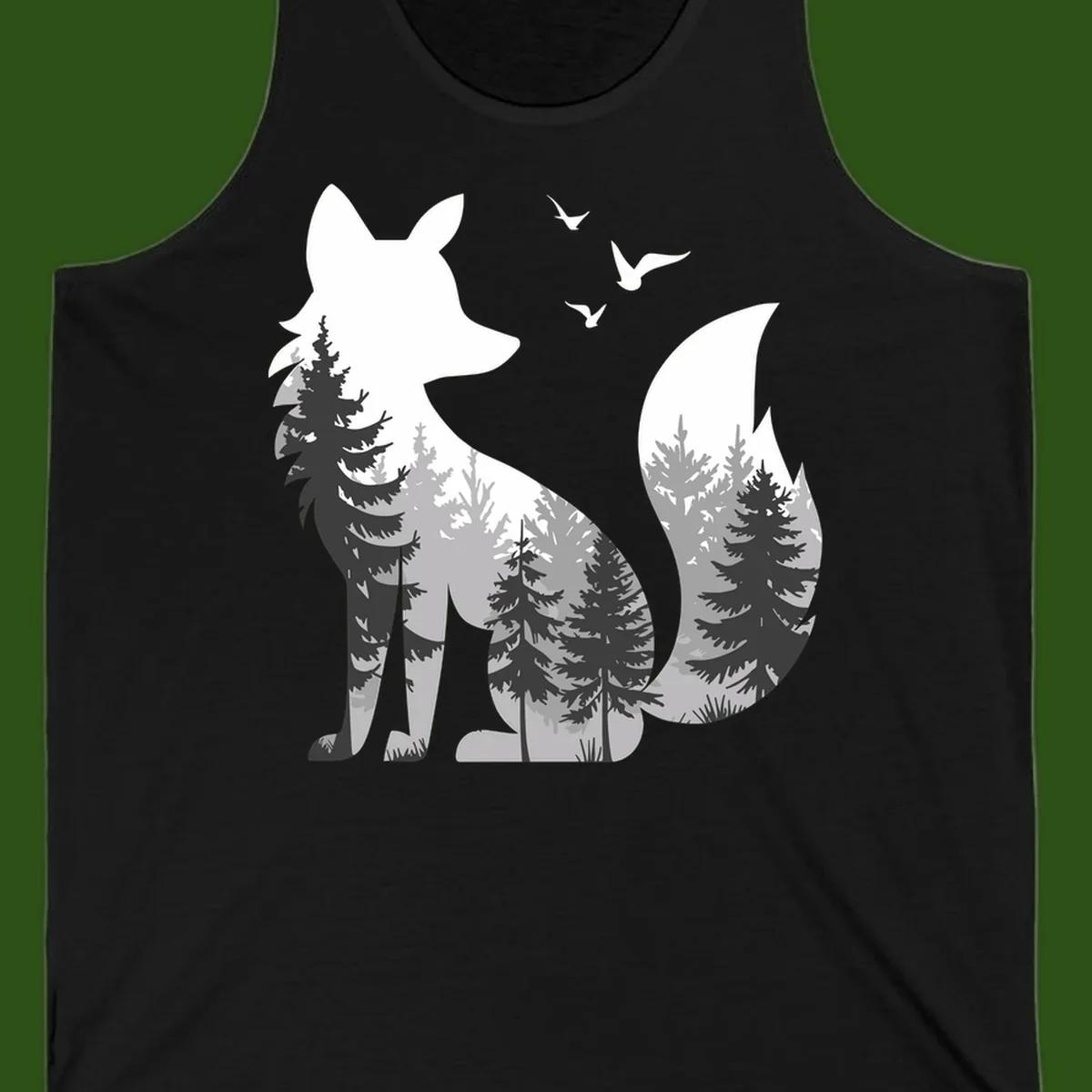 Forest fox double exposure illustration with evergreen trees and flying birds in black, gray, and white silhouettes