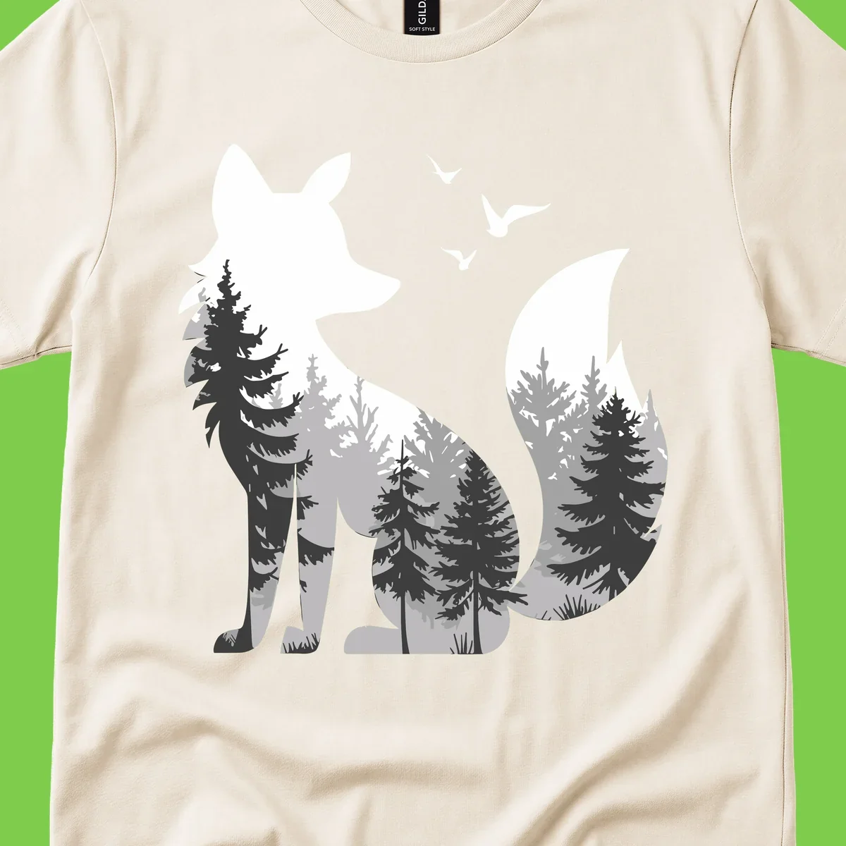 Forest fox double exposure illustration with evergreen trees and flying birds in black, gray, and white silhouettes