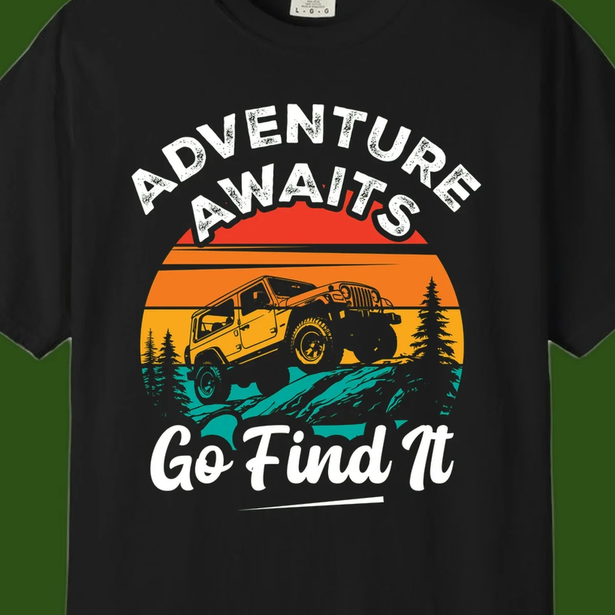 Vintage sunset-layered jeep adventure scene with mountains and pine trees, text reads Adventure Awaits Go Find It
