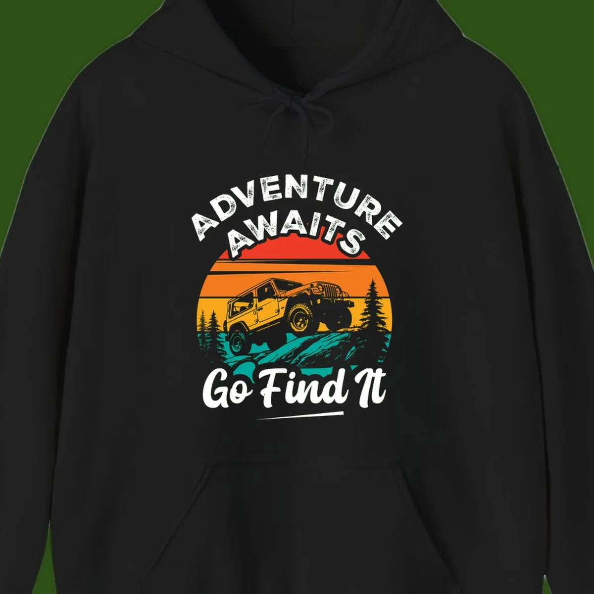 Vintage sunset-layered jeep adventure scene with mountains and pine trees, text reads Adventure Awaits Go Find It