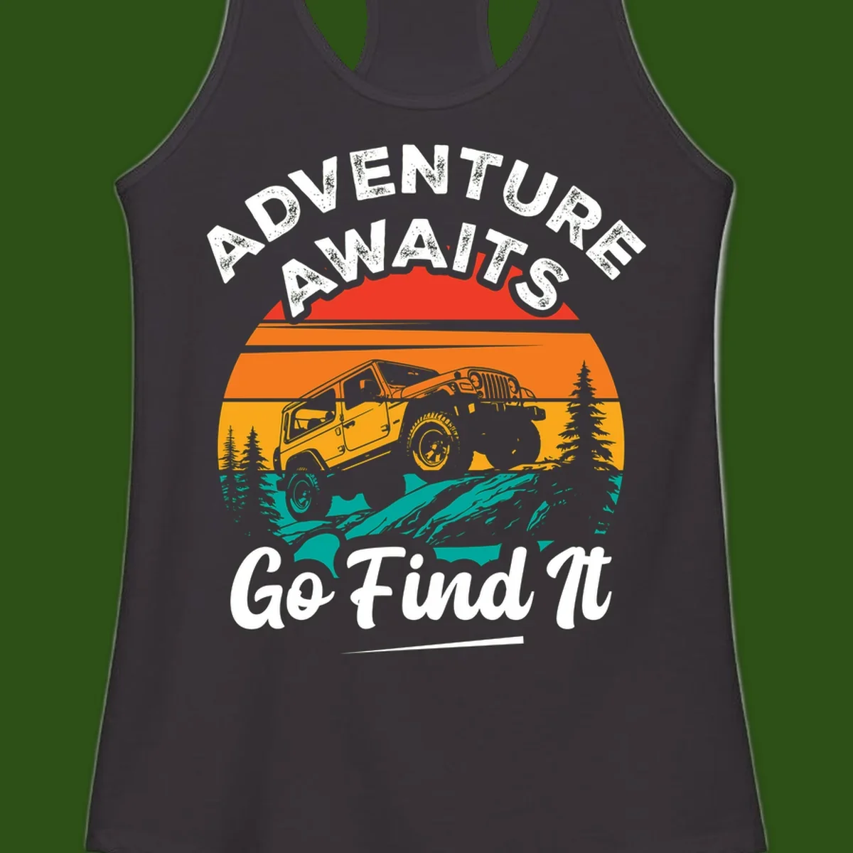 Vintage sunset-layered jeep adventure scene with mountains and pine trees, text reads Adventure Awaits Go Find It