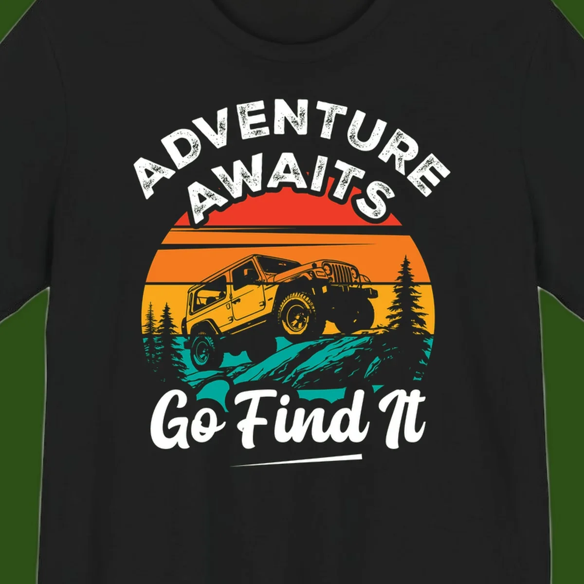 Vintage sunset-layered jeep adventure scene with mountains and pine trees, text reads Adventure Awaits Go Find It