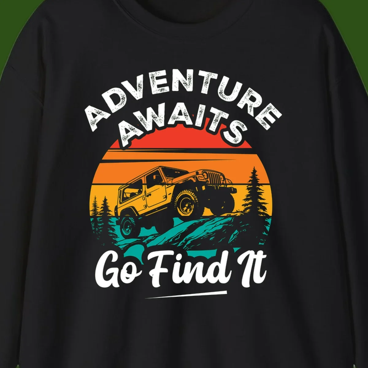 Vintage sunset-layered jeep adventure scene with mountains and pine trees, text reads Adventure Awaits Go Find It