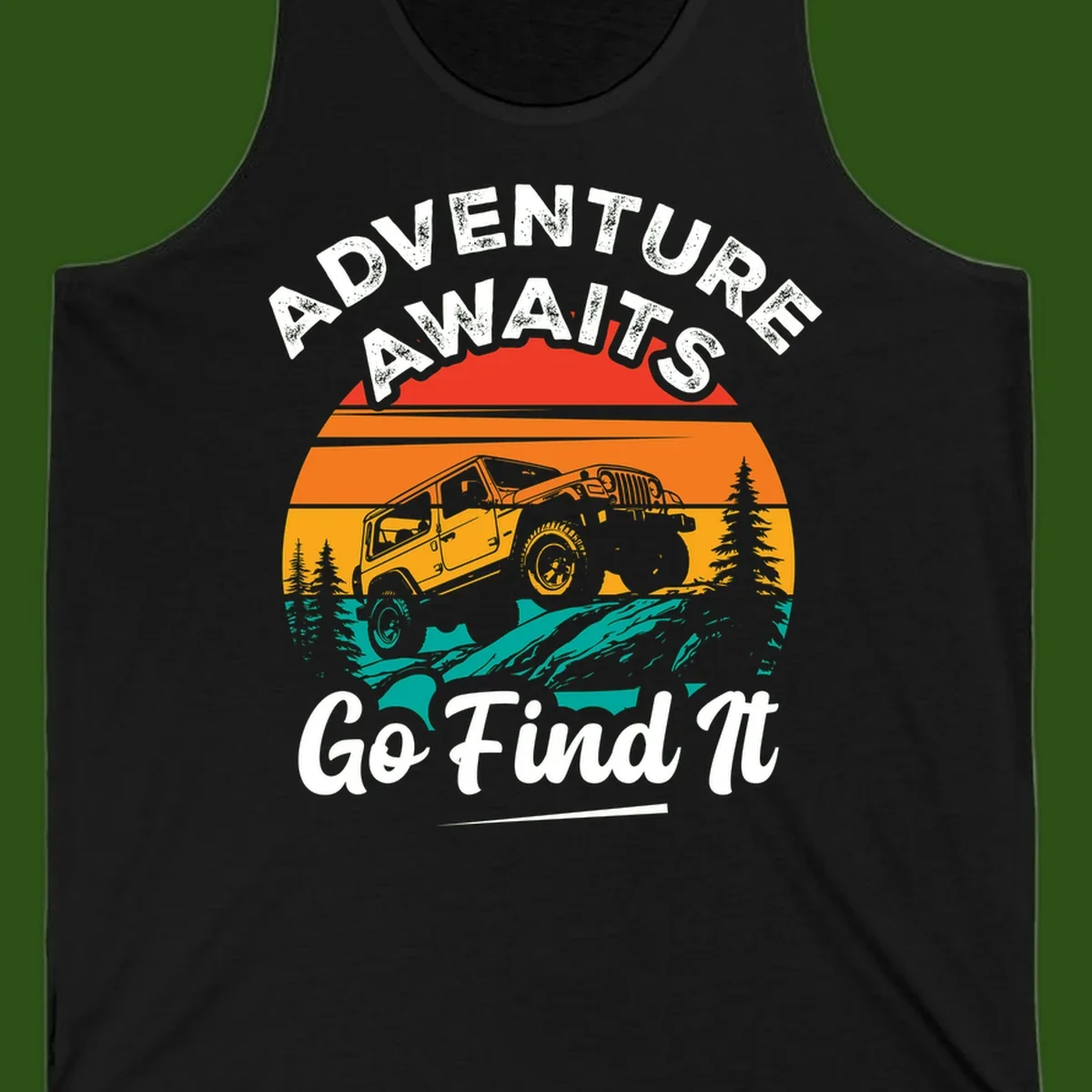 Vintage sunset-layered jeep adventure scene with mountains and pine trees, text reads Adventure Awaits Go Find It