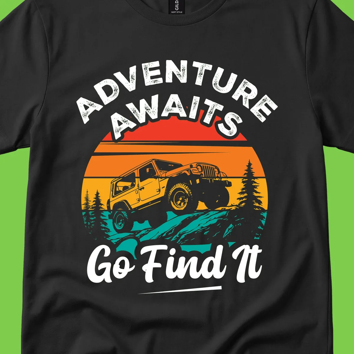 Vintage sunset-layered jeep adventure scene with mountains and pine trees, text reads Adventure Awaits Go Find It