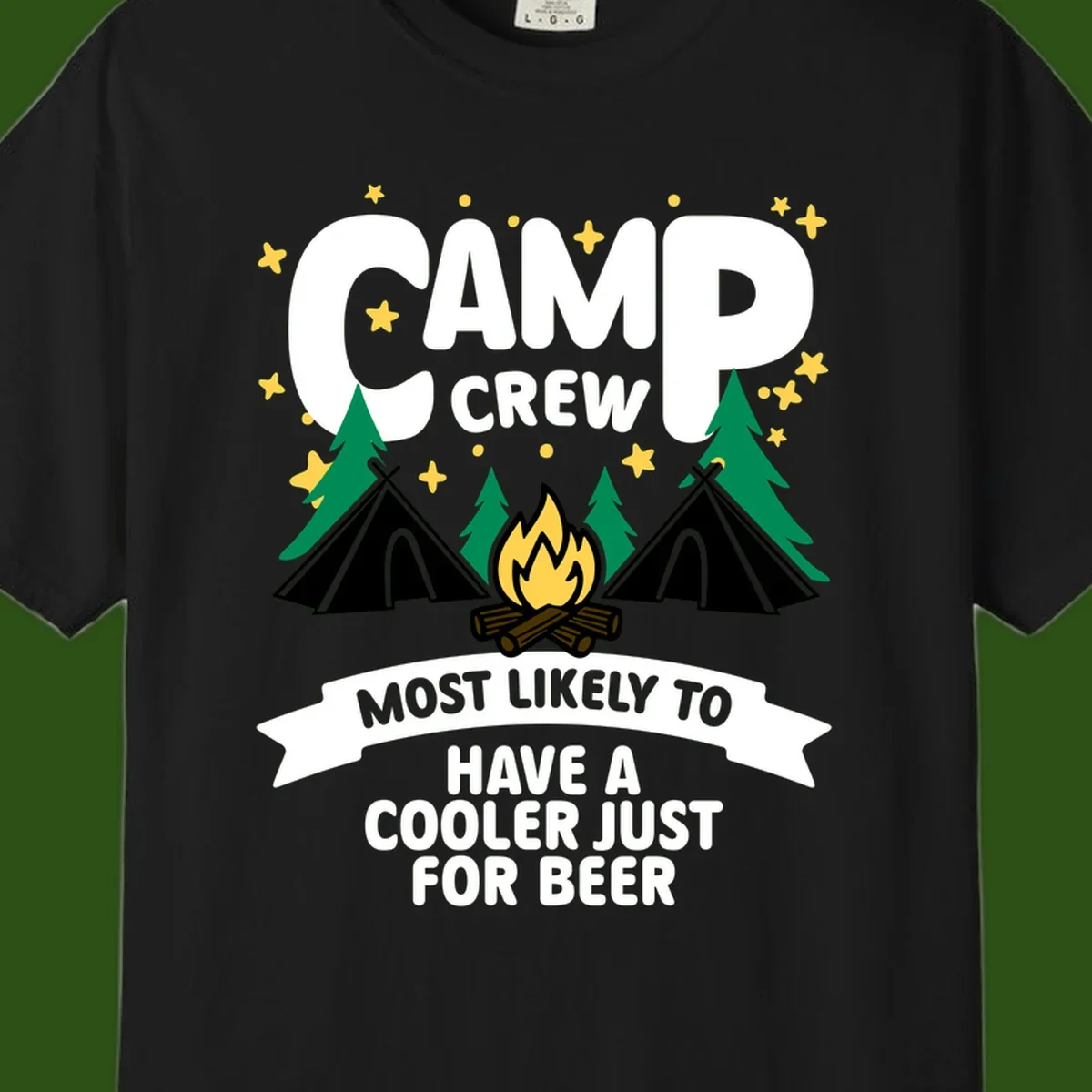 Camp crew cooler beer design showing campfire, teepees, and trees with humorous camping text on gray background.