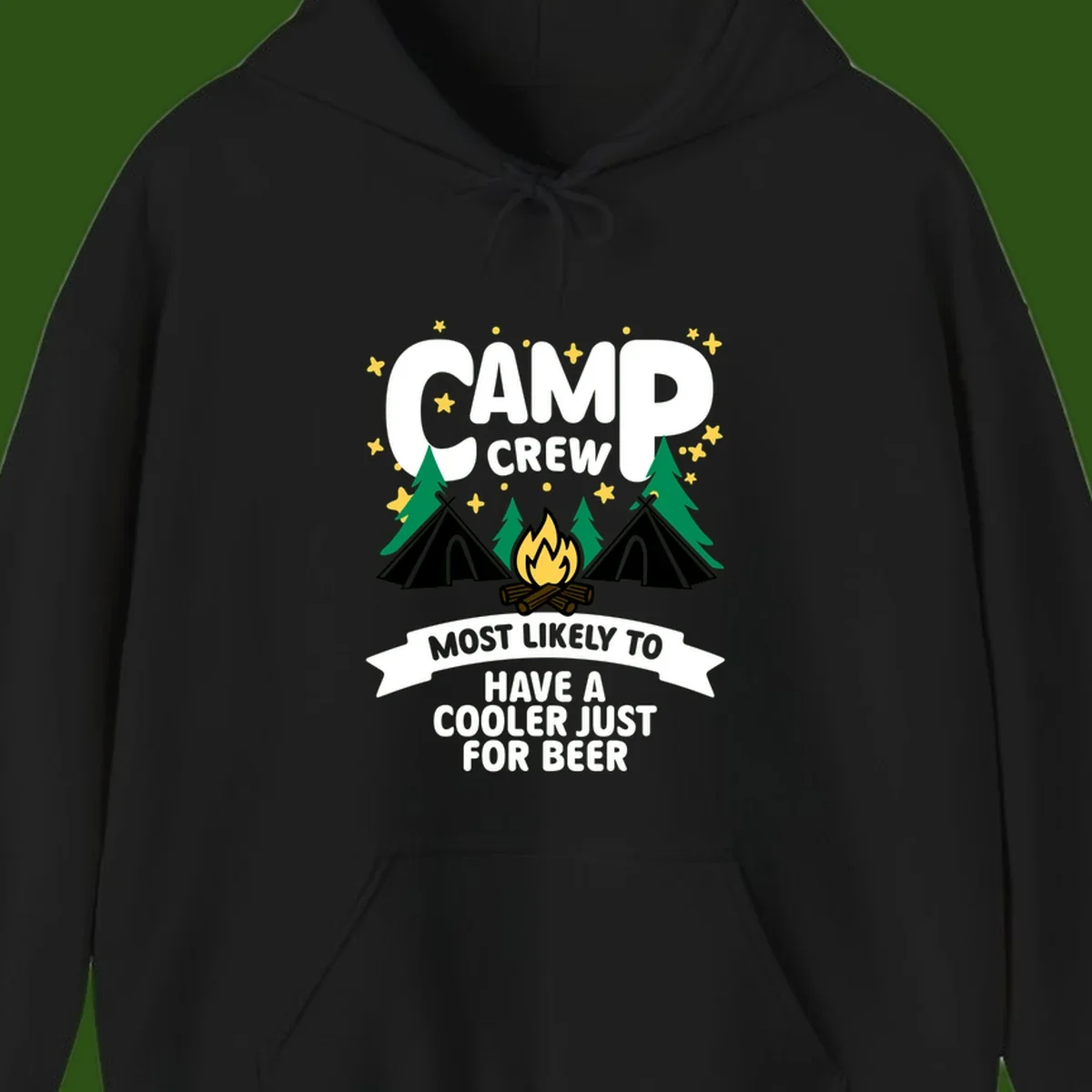 Camp crew cooler beer design showing campfire, teepees, and trees with humorous camping text on gray background.
